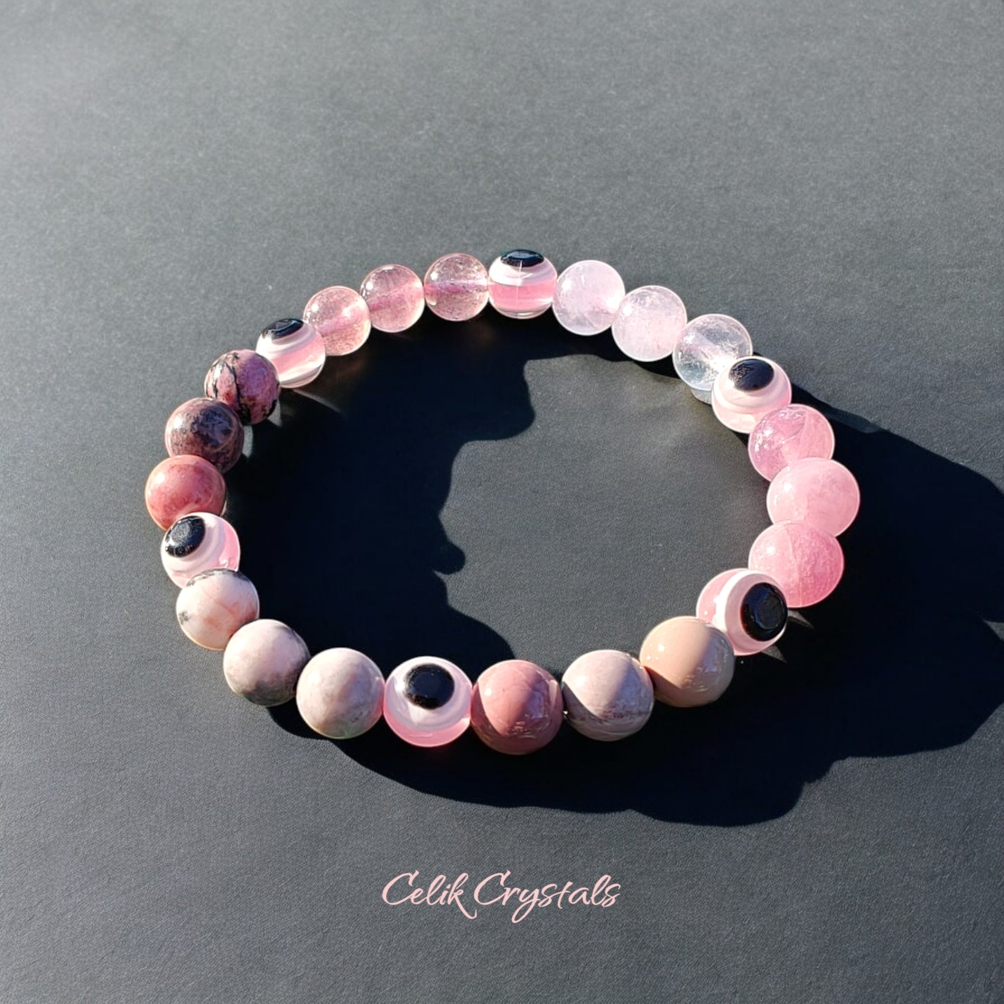 Pink Evil Eye Stretch Bead Bracelet 8mm
