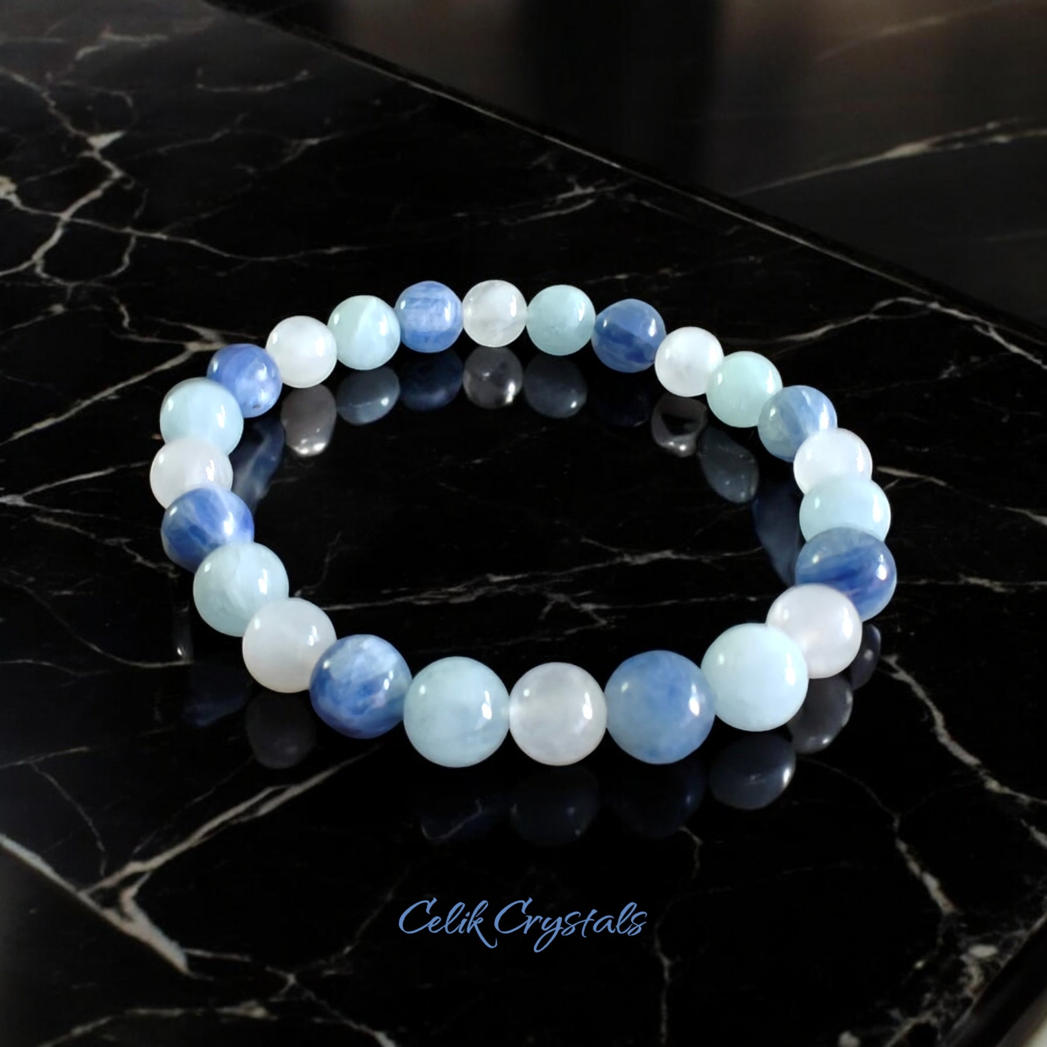 Kyanite Bracelet with Moonstone and Aquamarine natural crystals on a stretch 8mm Stretch Band