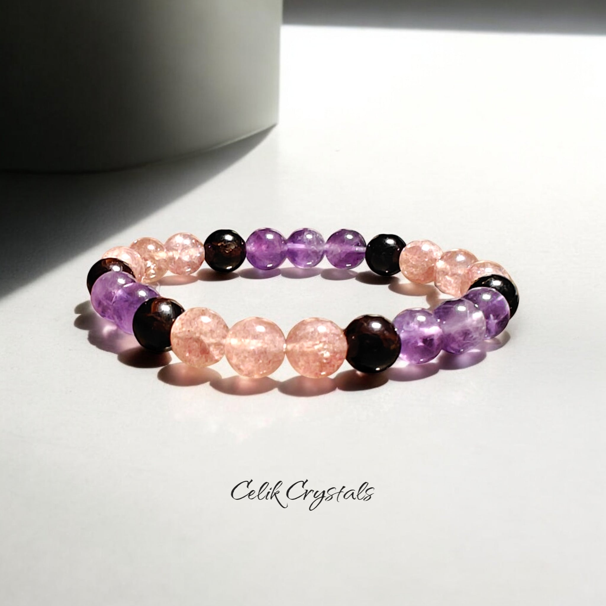 Strawberry Quartz, Amethyst and Garnet Crystal Beads Bracelet 8mm