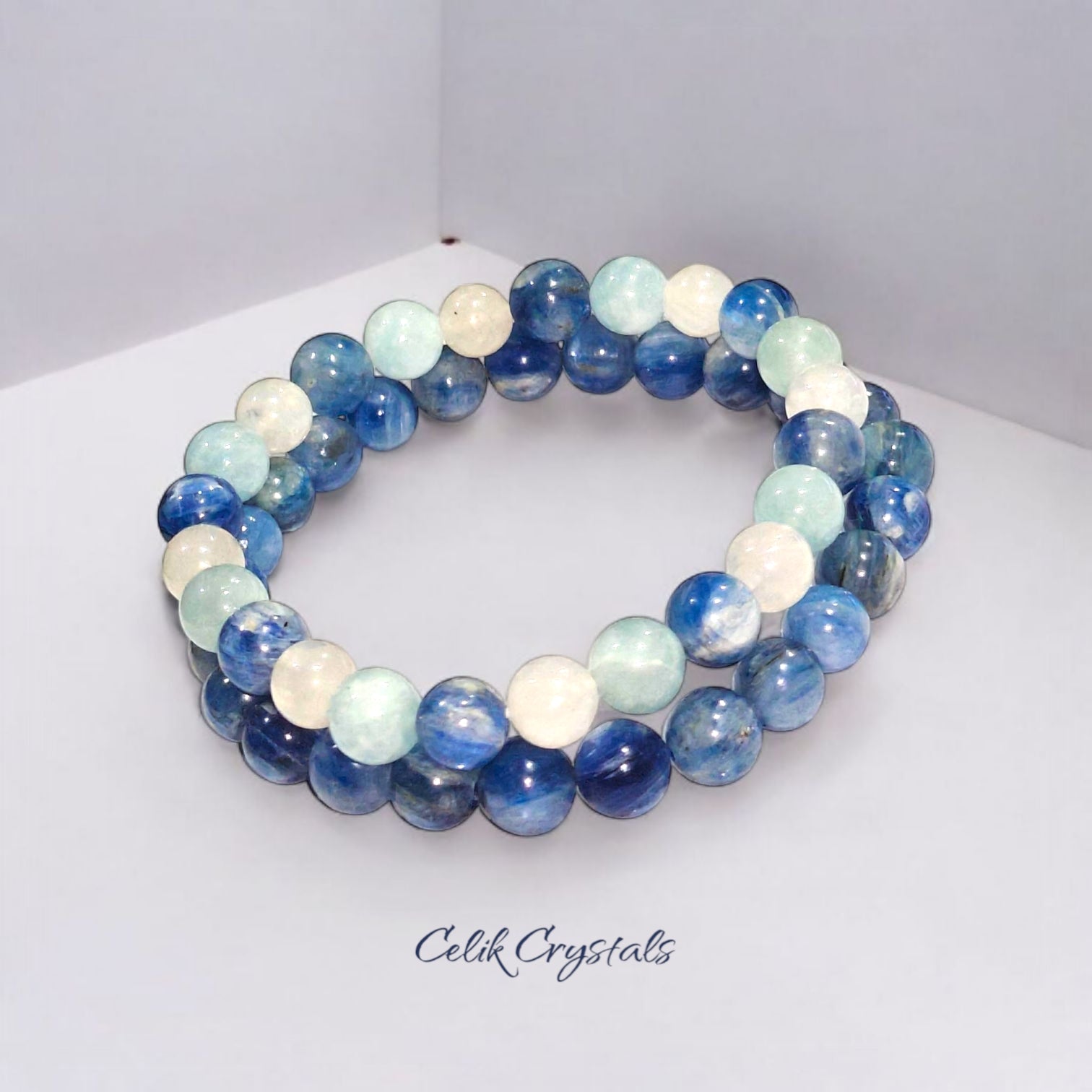 Kyanite, Aquamarine, Moonstone Bracelet Stack 2 Pieces 8mm Unisex
