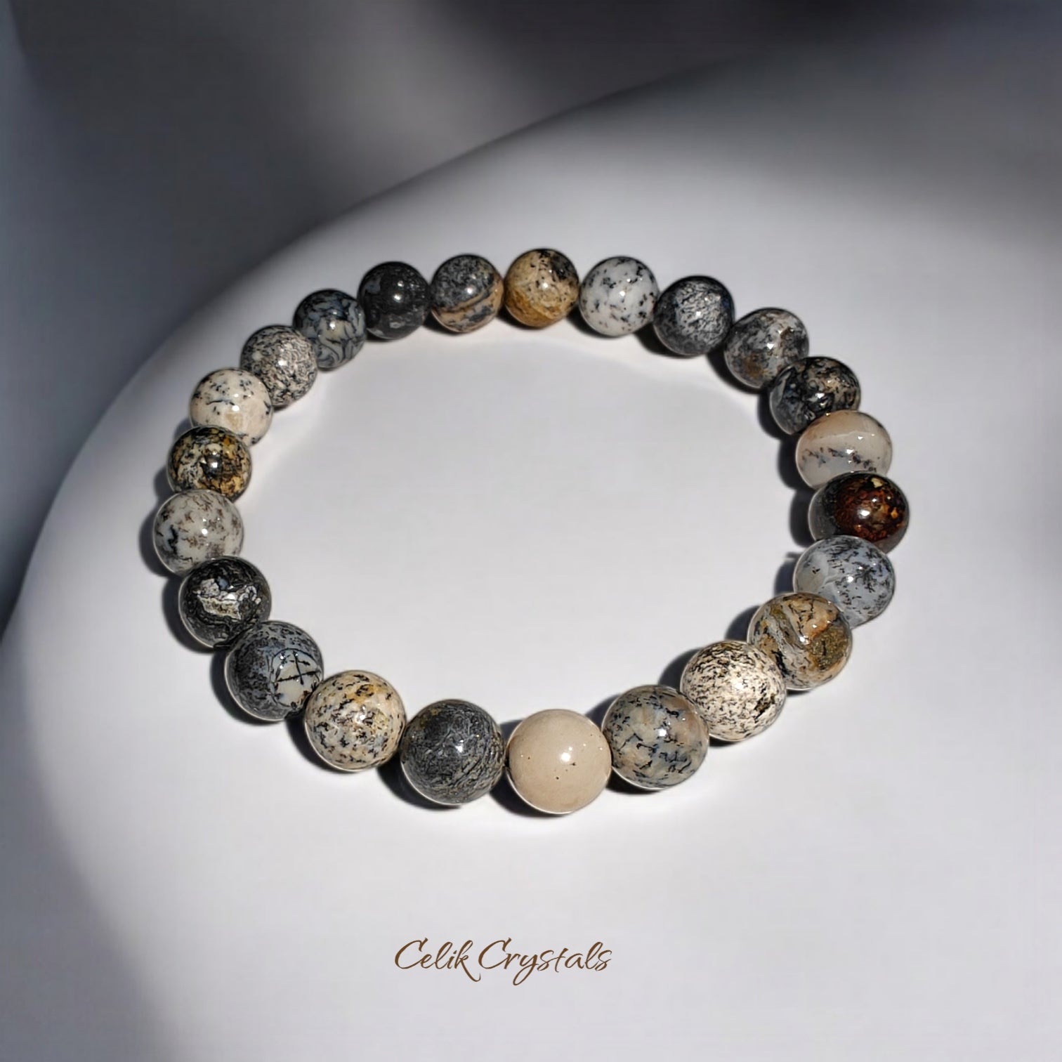 Dendritic Opal Bracelet Natural Stones 8mm Stretches Unisex Healing Bracelet Handmade