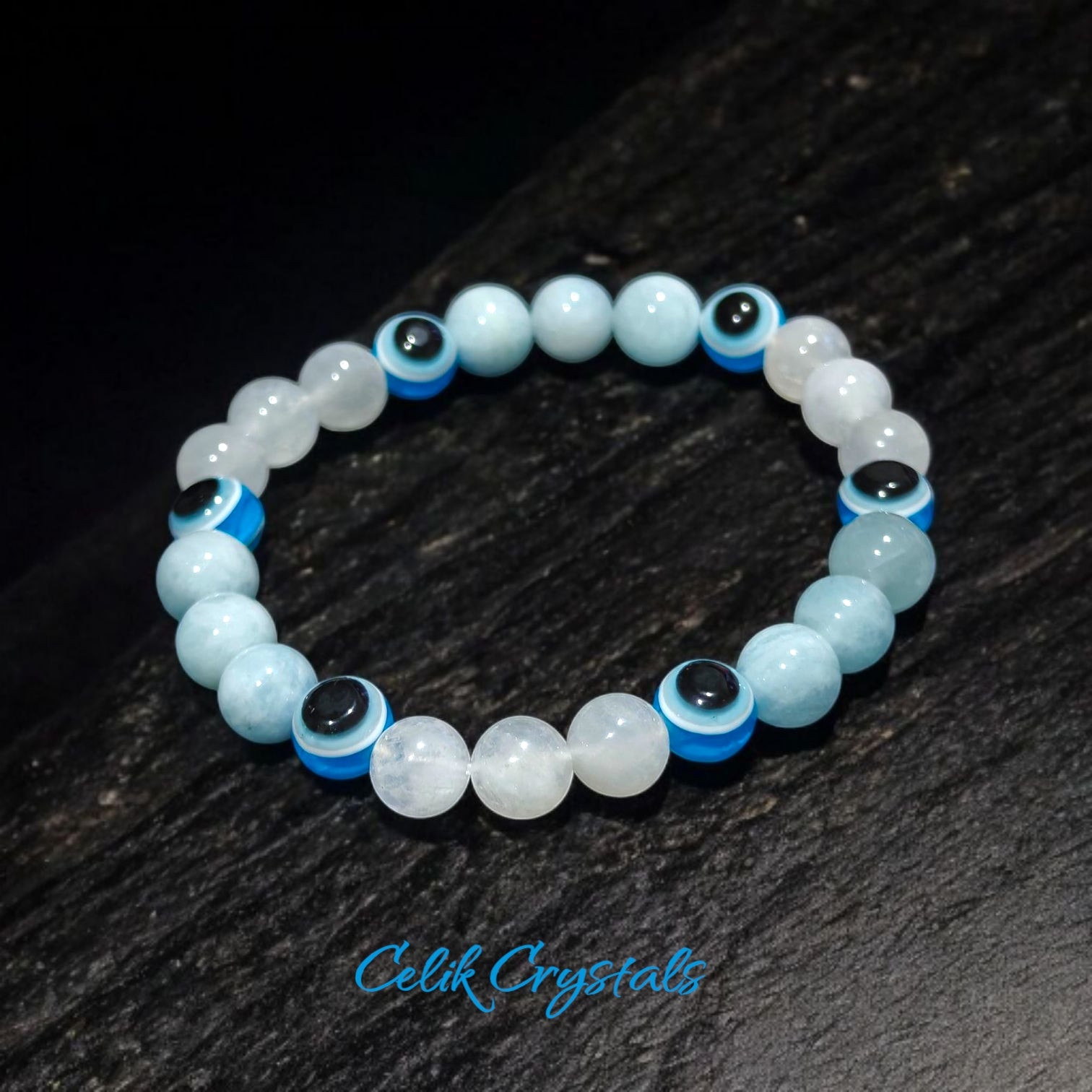 Evil Eye Bracelet with Aquamarine and Moonstone 8mm Natural Stones Stretches Unisex
