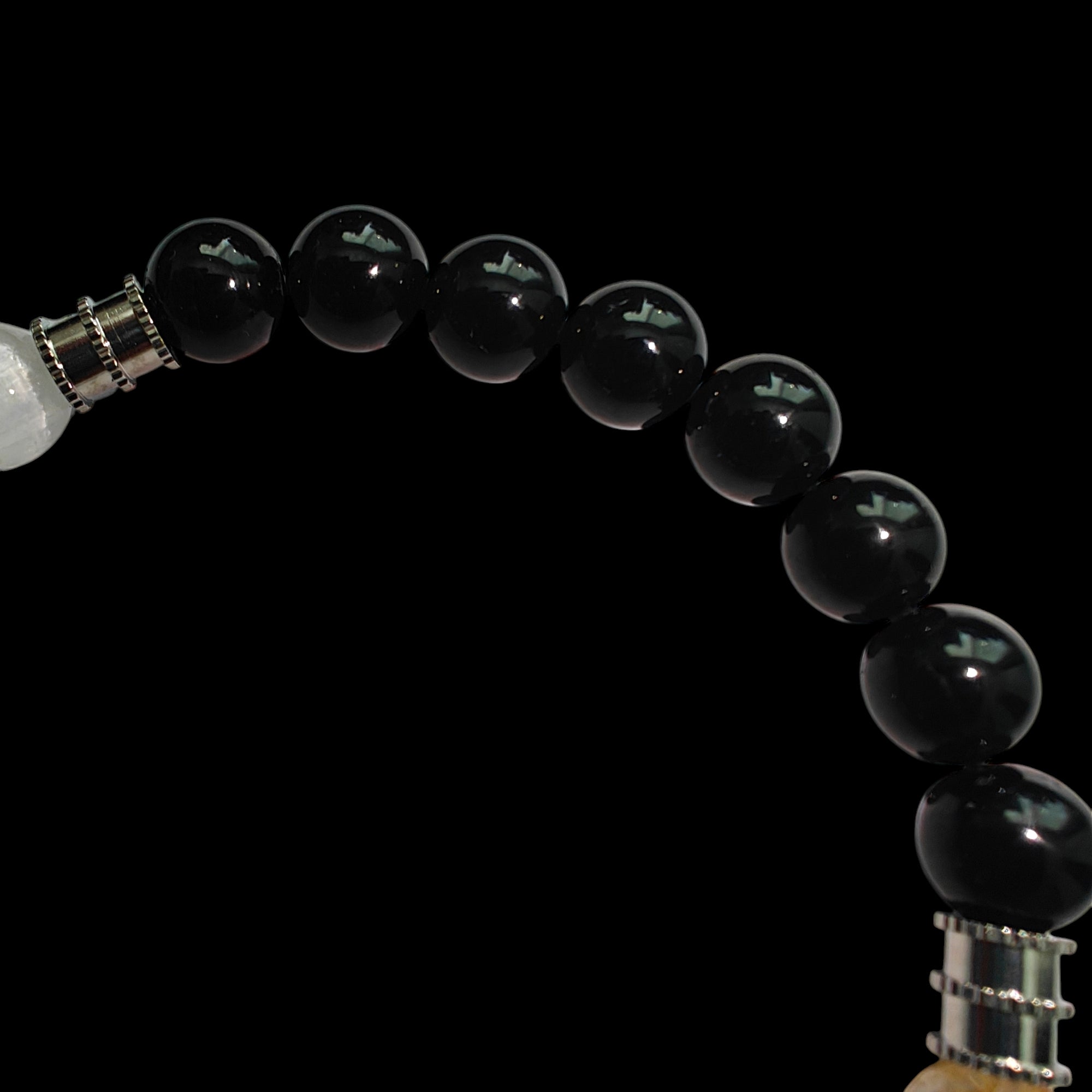 Selenite, Black Tourmaline and Citrine Bracelet with Stainless Steel Spacers 8mm Stretch Crystal Bead Bracelet