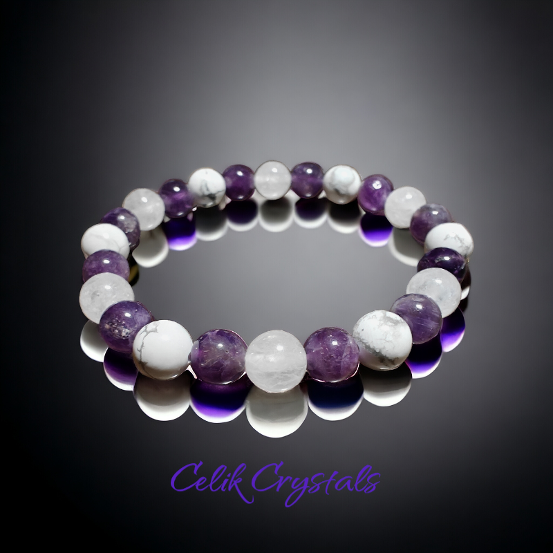 Triple Protection Amethyst White Quartz and Howlite Bracelet
