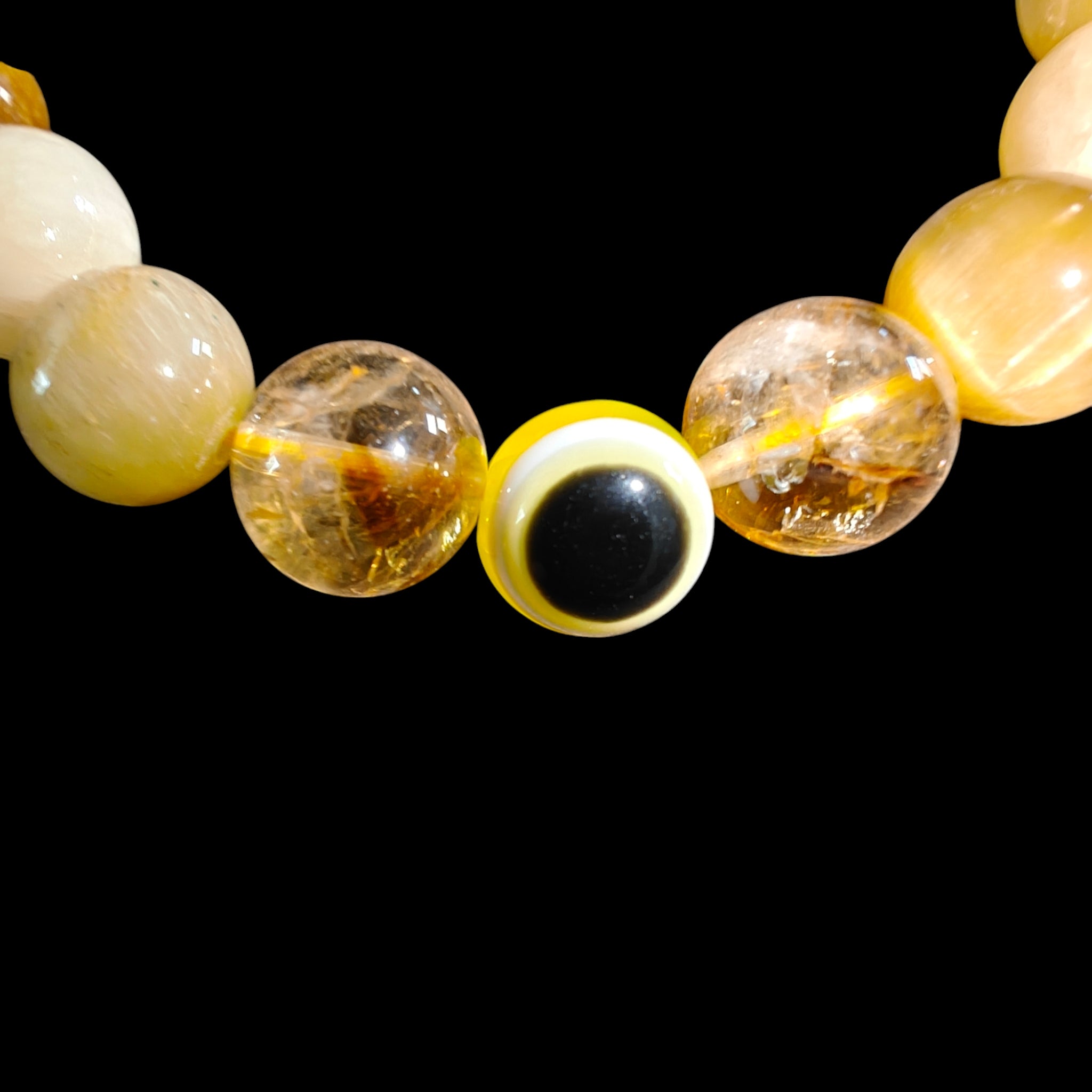Yellow Evil Eye Bracelet with Citrine, Tiger Eye and Honey Calcite Natural Stones 10mm Unisex Stretch Bead Bracelet