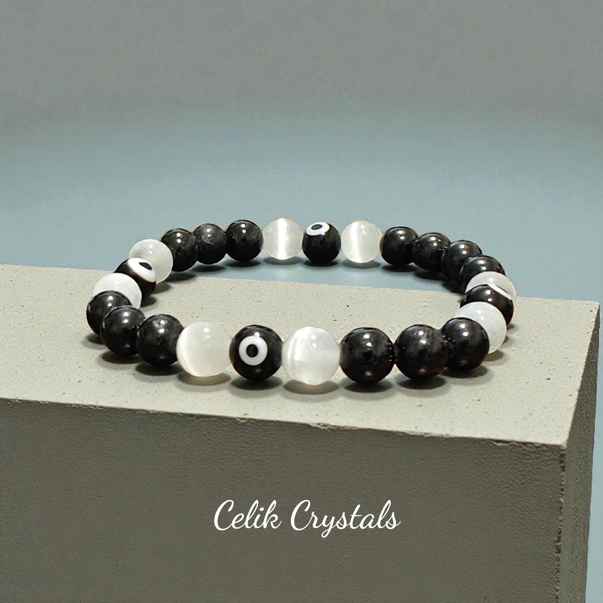 Selenite Black Tourmaline Evil Eye Bracelet 8mm Unisex