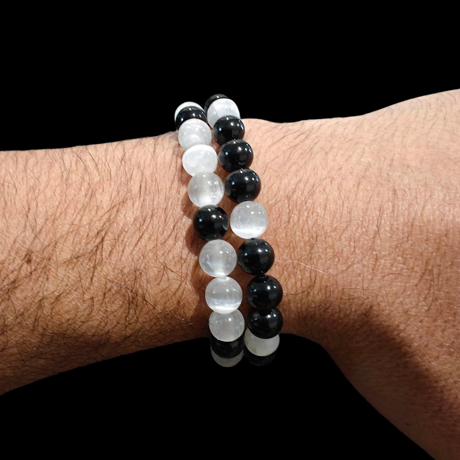 Selenite and Black Tourmaline Bracelet Set 2 Pieces Natural Stones Unisex design Stretches 8mm beads