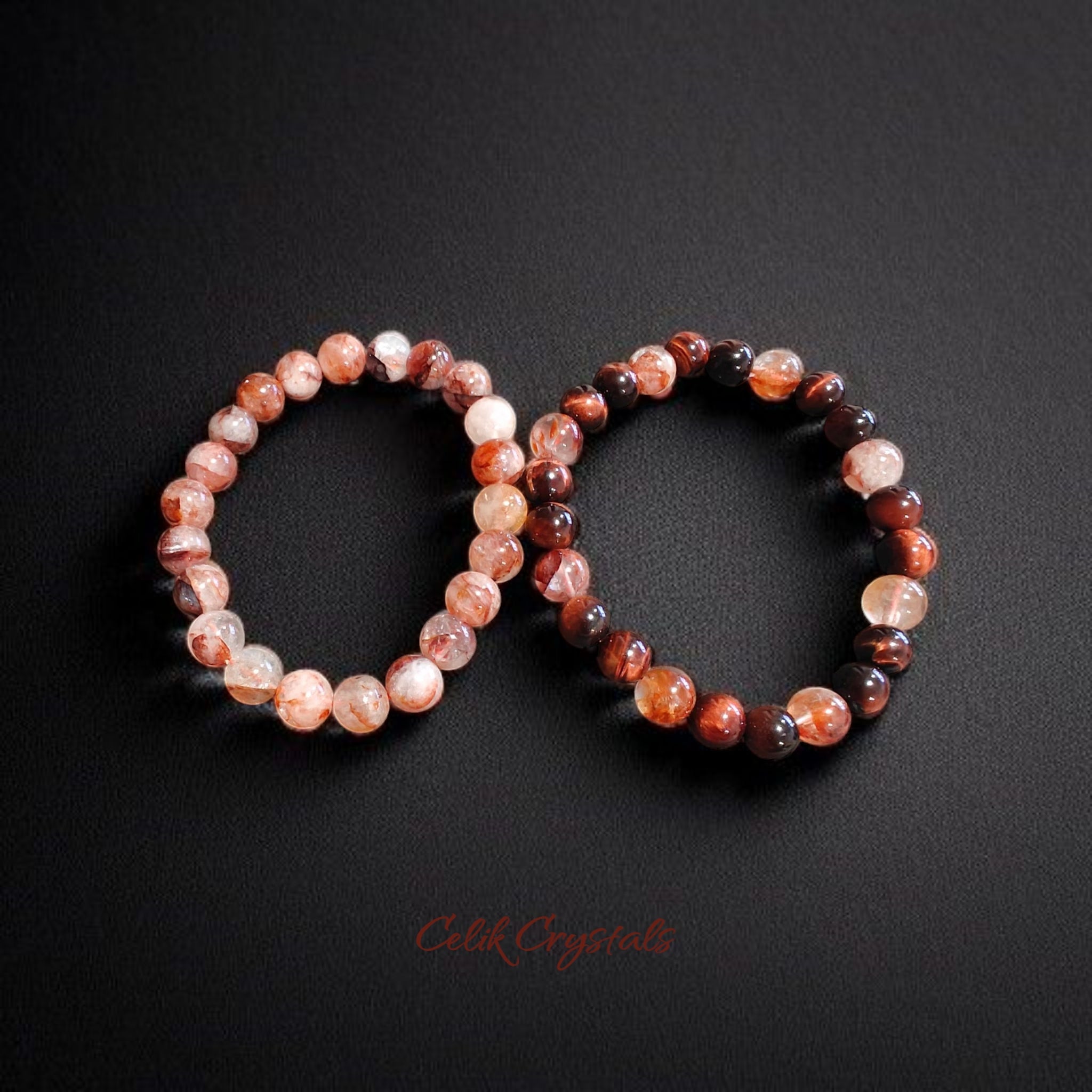 Fire Quartz and Red Tiger Eye Bracelet 2 Piece Set Natural Stones 8mm Stretches Unisex Healing Bracelet Handmade