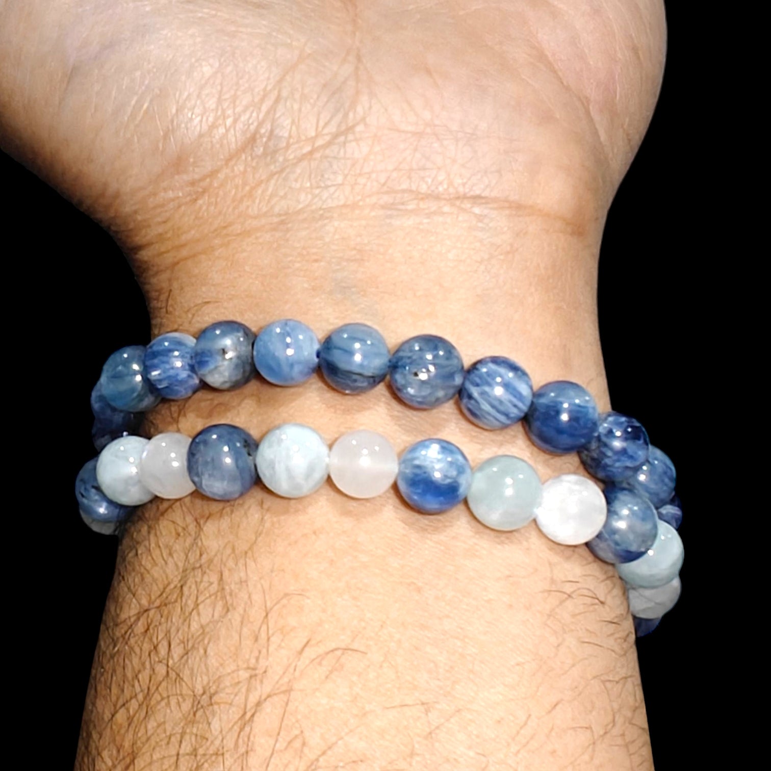Kyanite, Aquamarine, Moonstone Bracelet Stack 2 Pieces 8mm Unisex