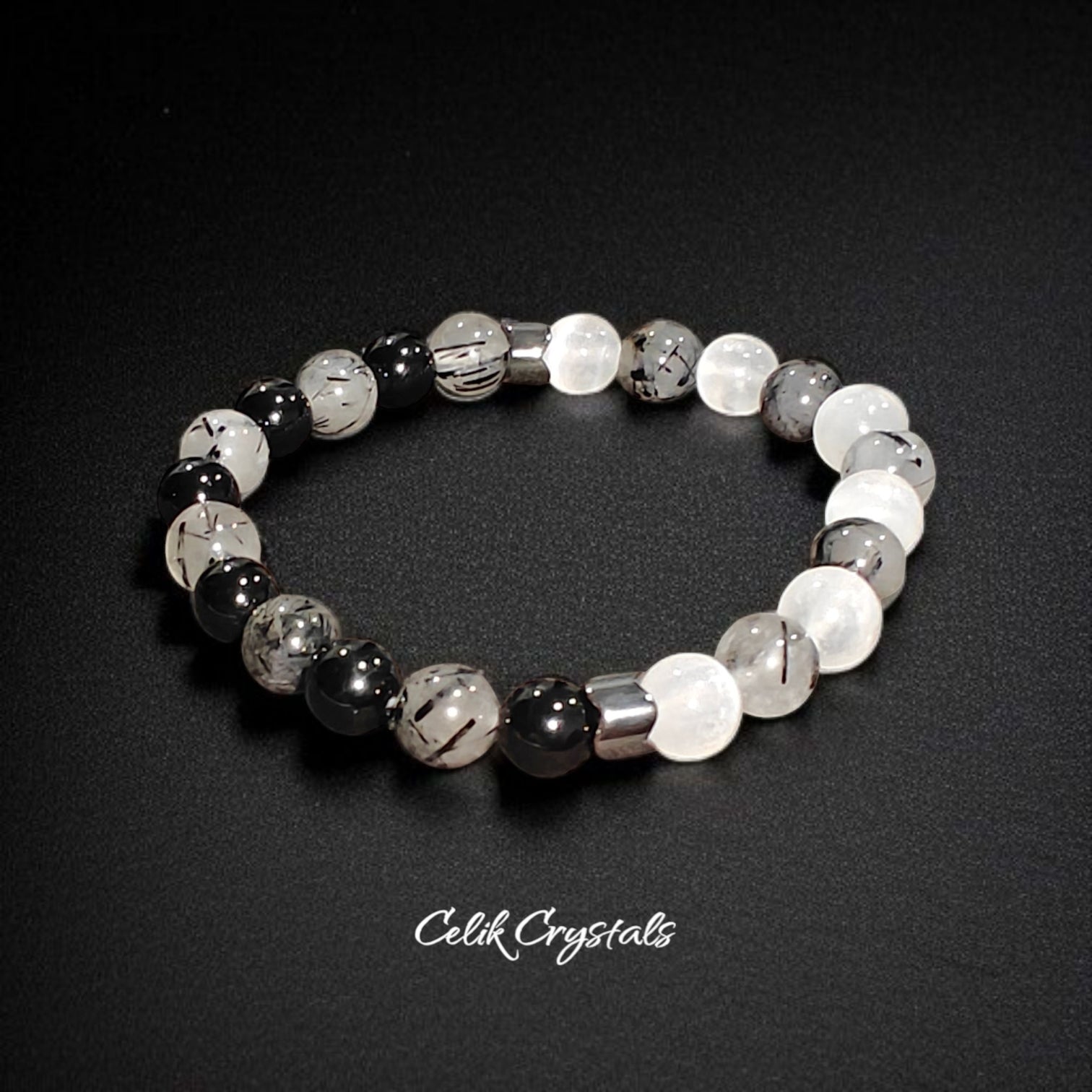 Black Tourmaline Quartz and Selenite Stretch Crystal Bead Bracelet 8mm Unisex