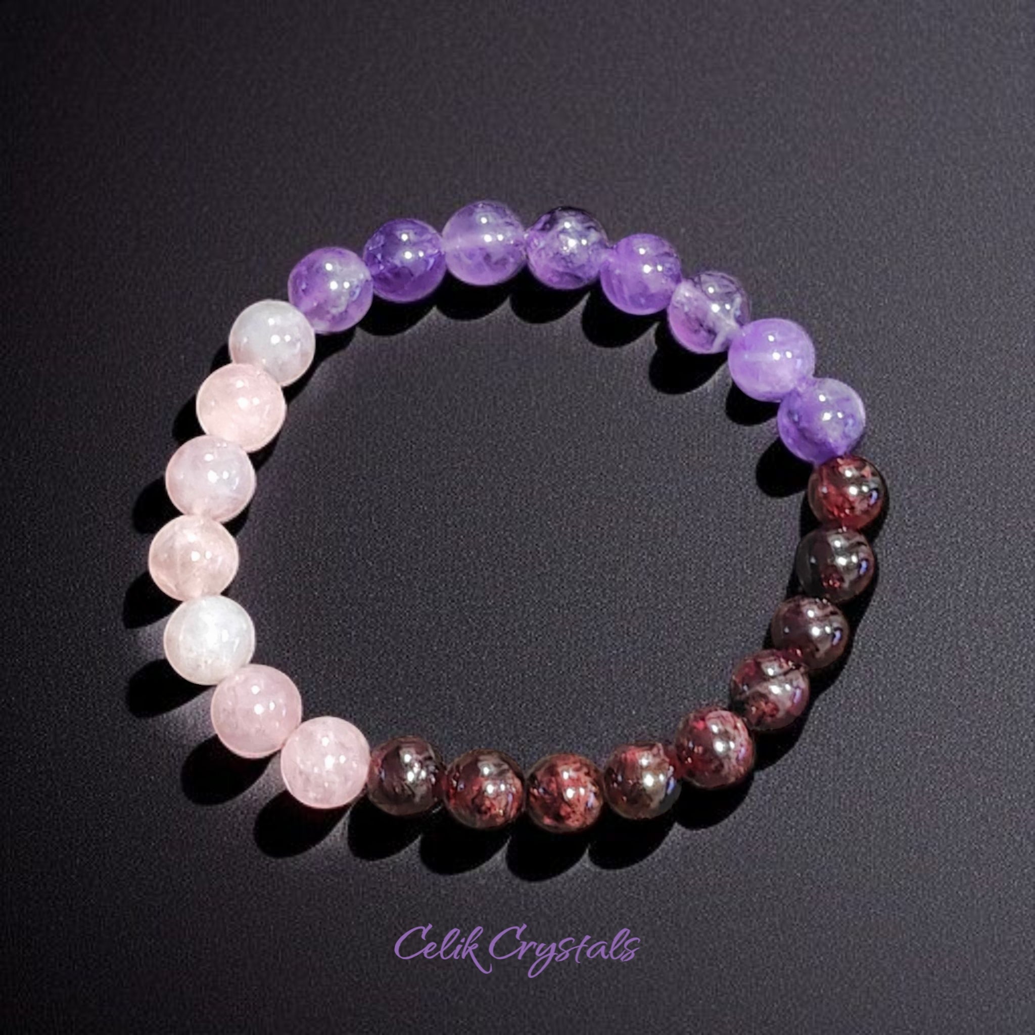 Bracelet with Lavender Rose Quartz, Garnet and Amethyst Stretch Crystal Bracelet 8mm Beads