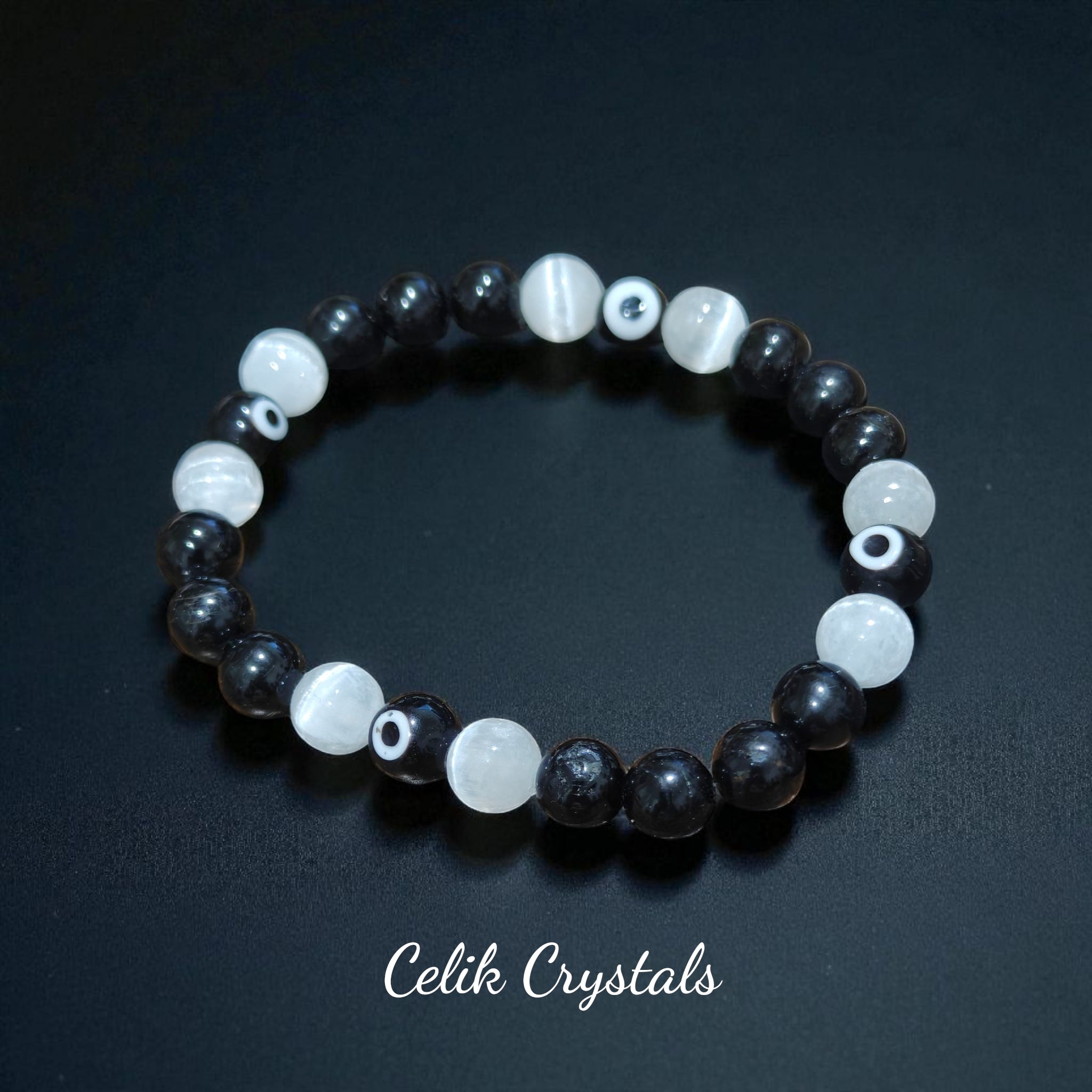 Selenite Black Tourmaline Evil Eye Bracelet 8mm Unisex