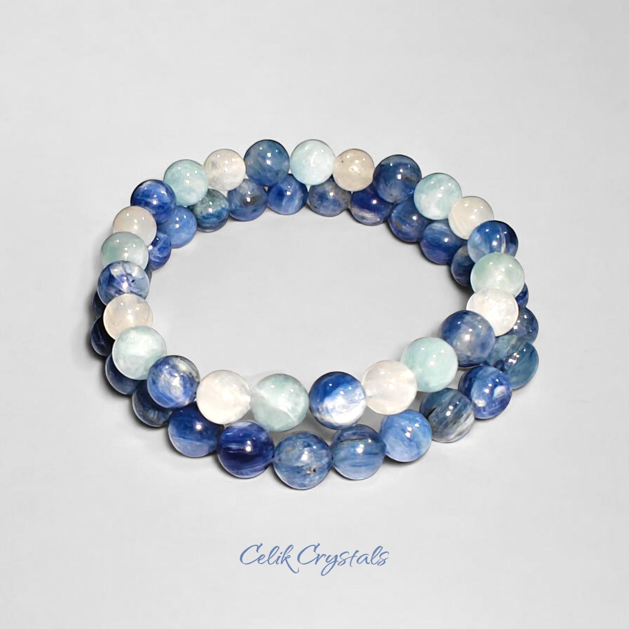 Kyanite, Aquamarine, Moonstone Bracelet Stack 2 Pieces 8mm Unisex