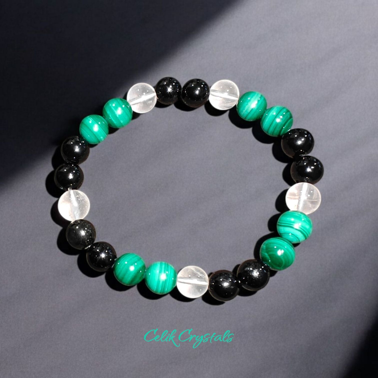 Malachite Bracelet with Black tourmaline and Quartz crystals stretches unisex design