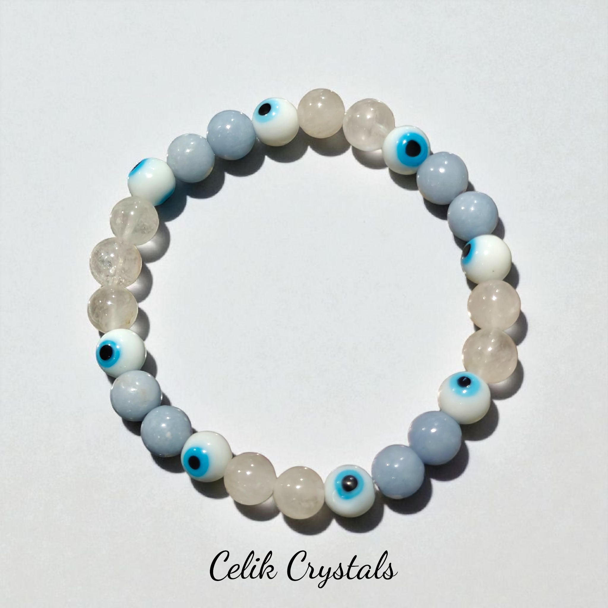 Evil Eye Bracelet - Angelite White Quartz 8mm Unisex