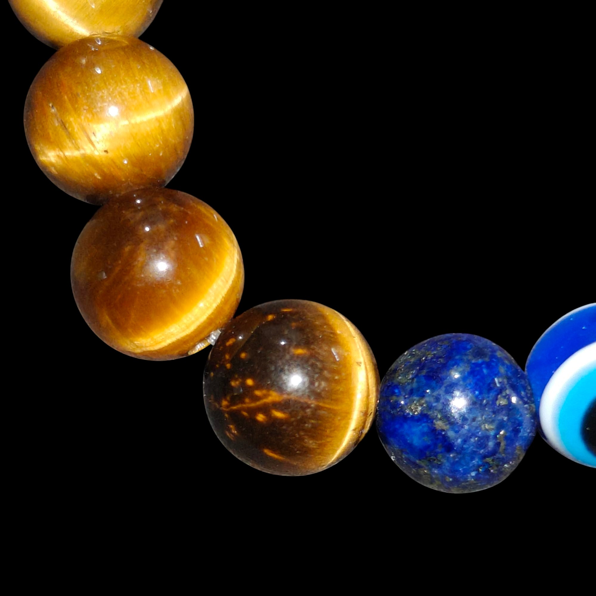 Evil Eye Bracelet with Tiger's Eye and Lapis Lazuli 8mm Stretches Unisex Healing Bracelet