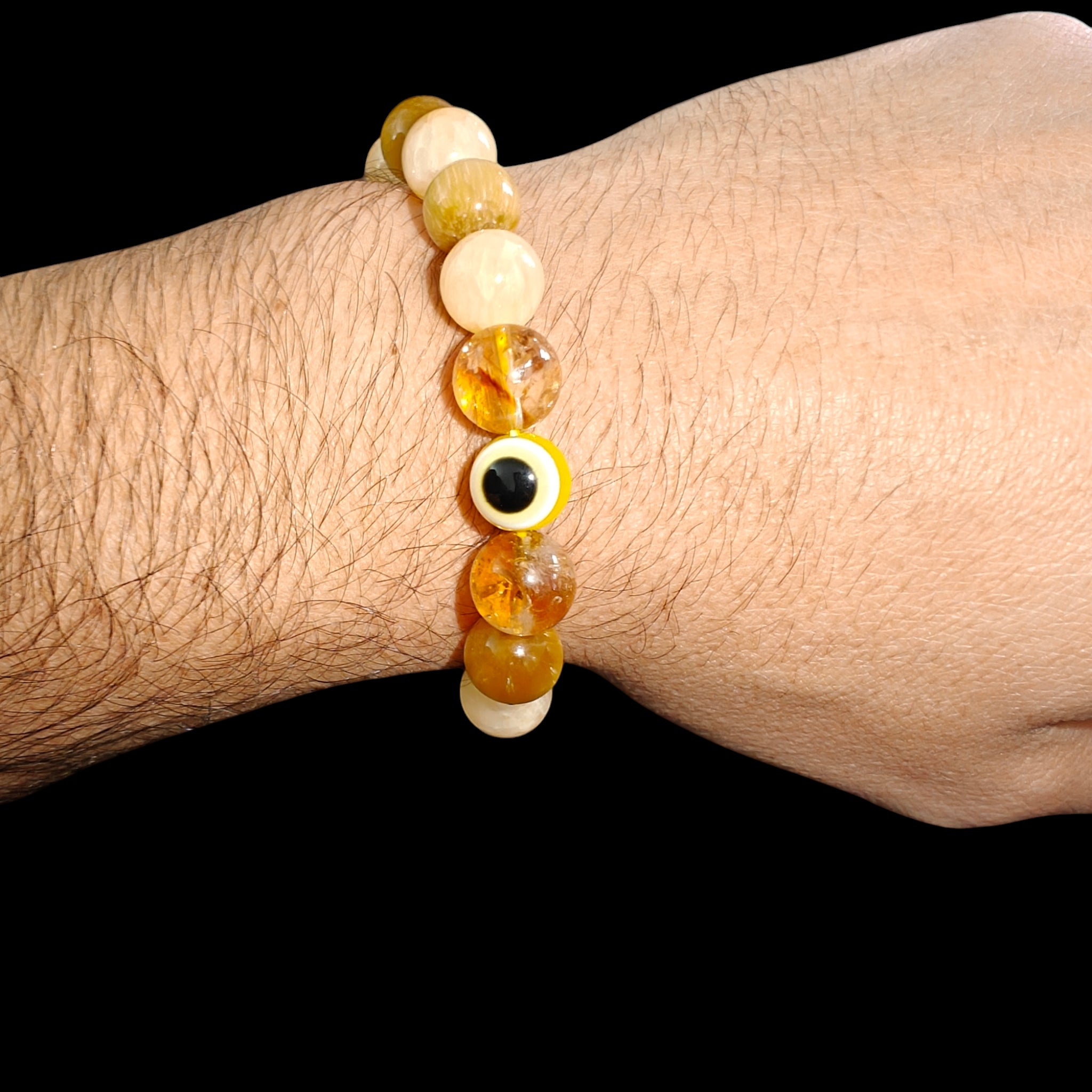 Yellow Evil Eye Bracelet with Citrine, Tiger Eye and Honey Calcite Natural Stones 10mm Unisex Stretch Bead Bracelet