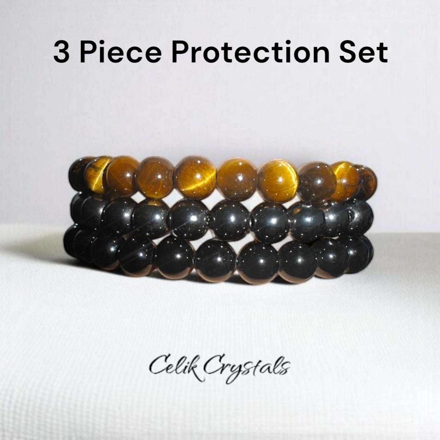 3 Piece Protection Bracelet Set With AAA Tiger Eye, Hematite and Black Tourmaline