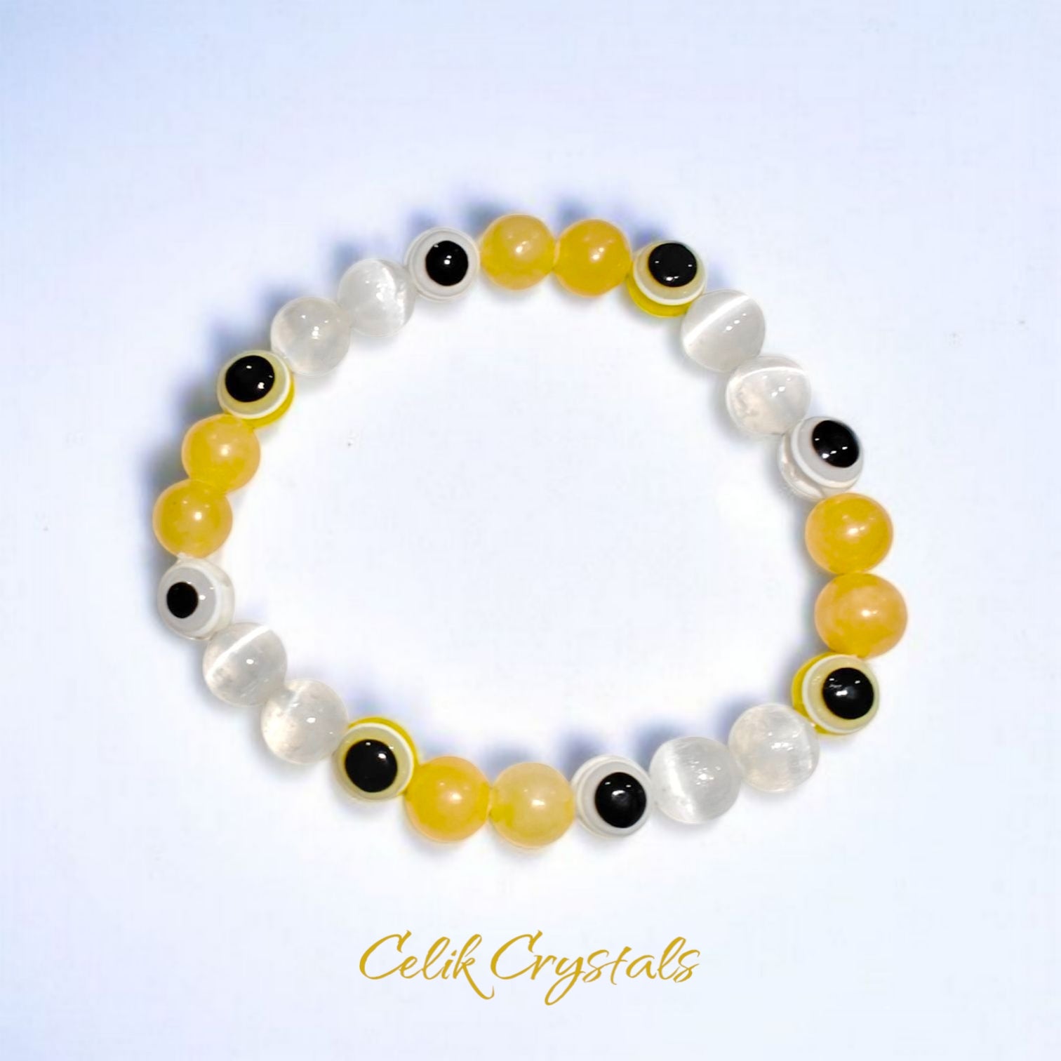 Yellow and White Evil Eye Bracelet with Honey Calcite and Selenite 8mm beads natural stones