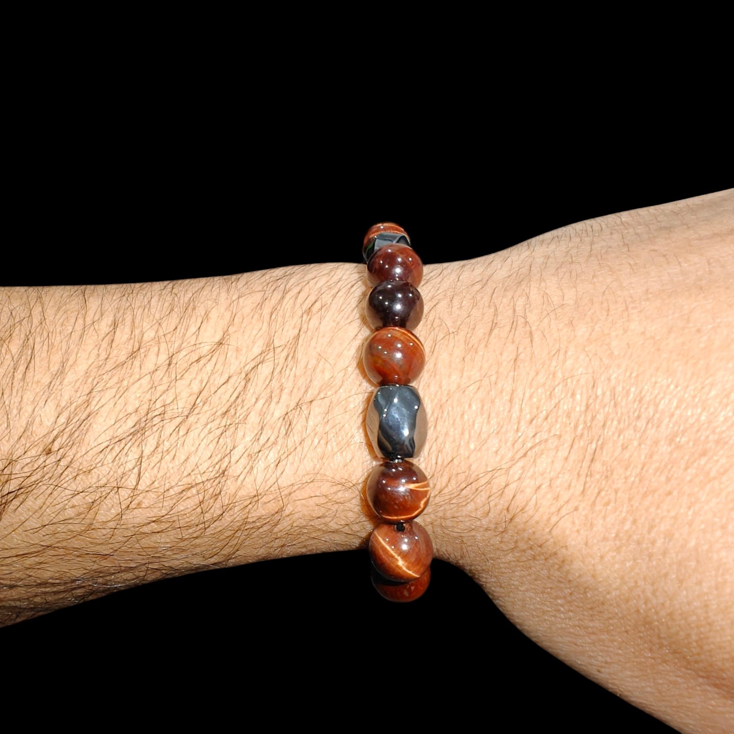 Red Tiger Eye Bracelet with Hematite Natural Stones 10mm Unisex Stretch Bead Bracelet