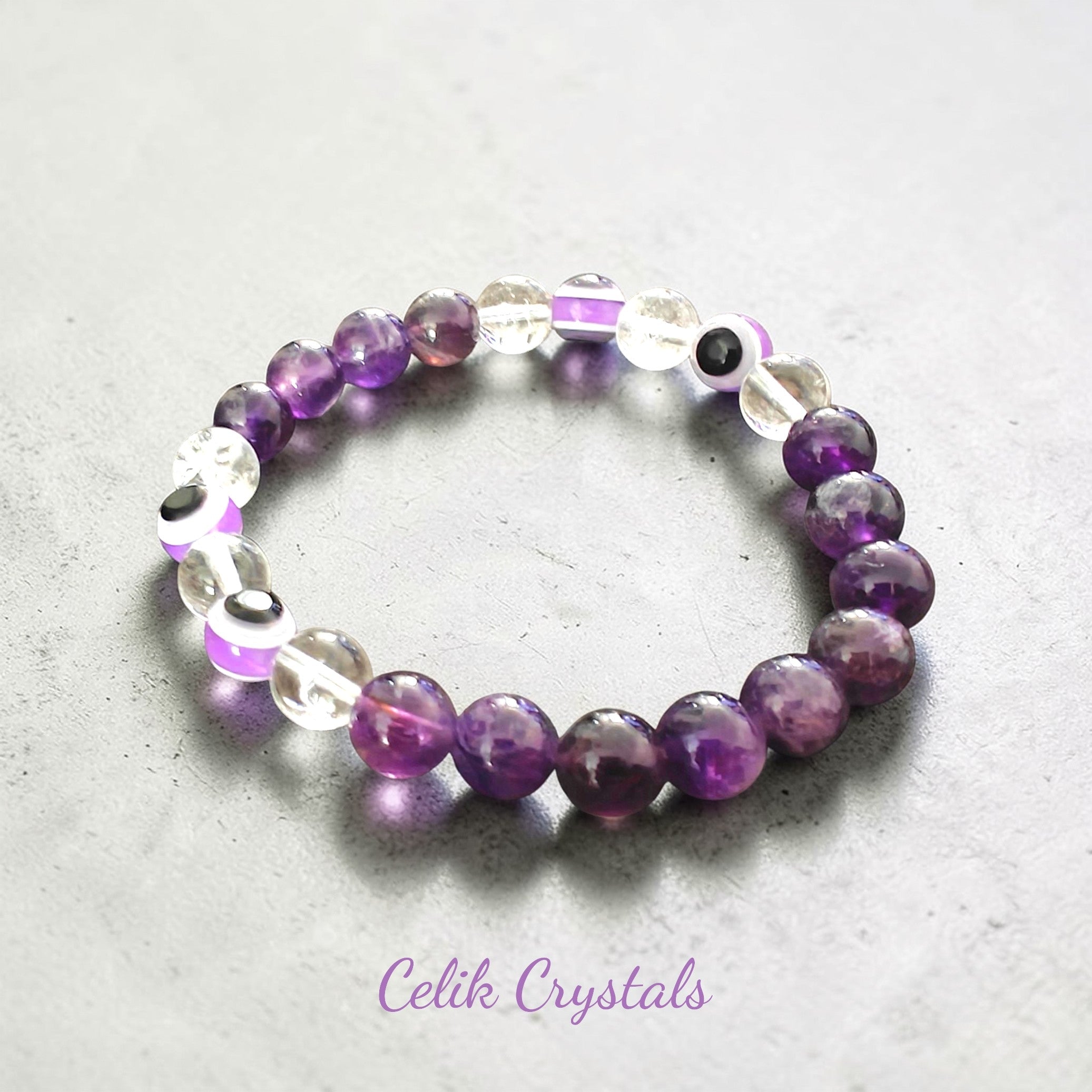 Amethyst Clear Quartz Evil Eye Bracelet 8mm