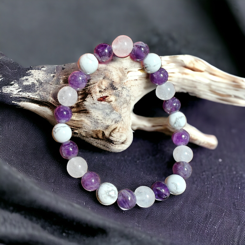 Triple Protection Amethyst White Quartz and Howlite Bracelet