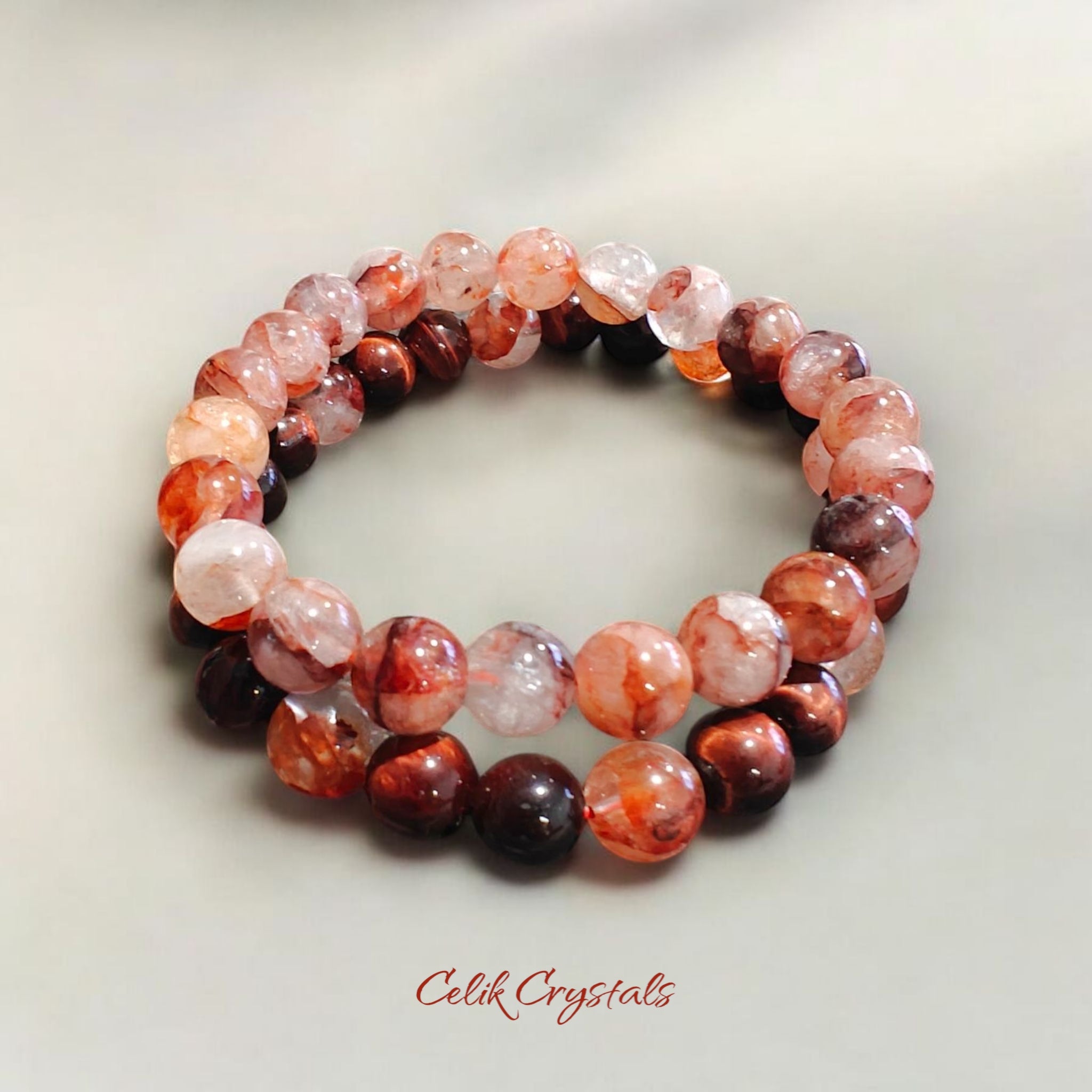 Fire Quartz and Red Tiger Eye Bracelet 2 Piece Set Natural Stones 8mm Stretches Unisex Healing Bracelet Handmade