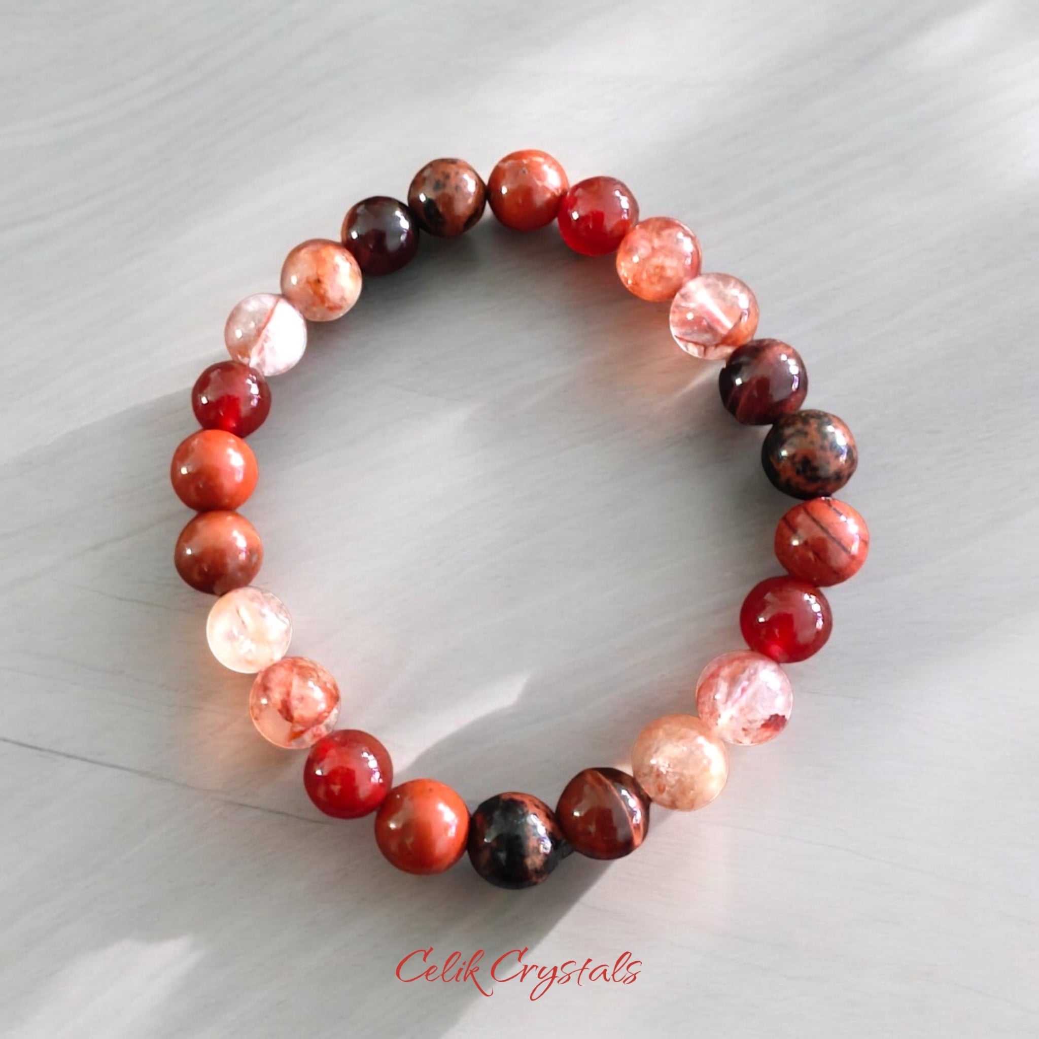 Red Crystal Bracelet with Red Tiger Eye, Carnelian, Mahogany Obsidian, Red Jasper and Fire Quartz