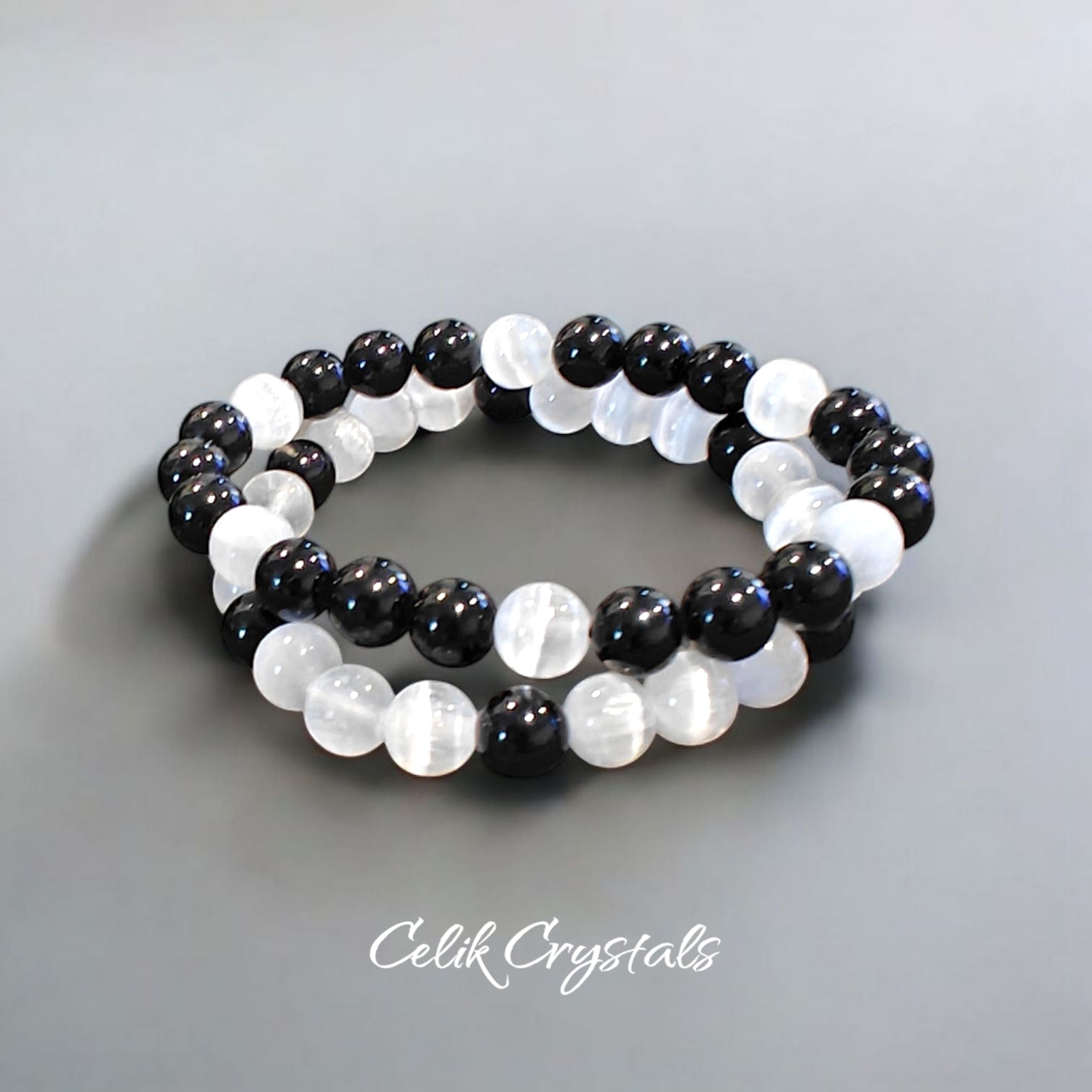 Selenite and Black Tourmaline Bracelet Set 2 Pieces Natural Stones Unisex design Stretches 8mm beads