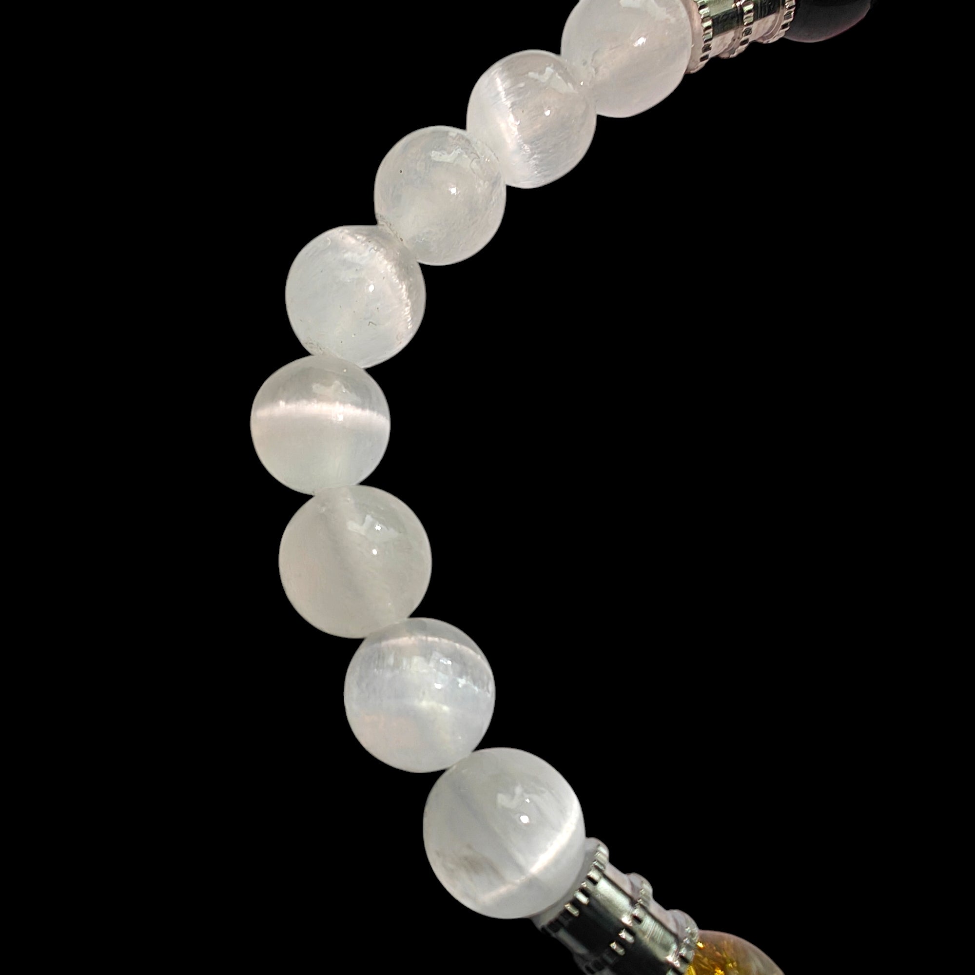 Selenite, Black Tourmaline and Citrine Bracelet with Stainless Steel Spacers 8mm Stretch Crystal Bead Bracelet