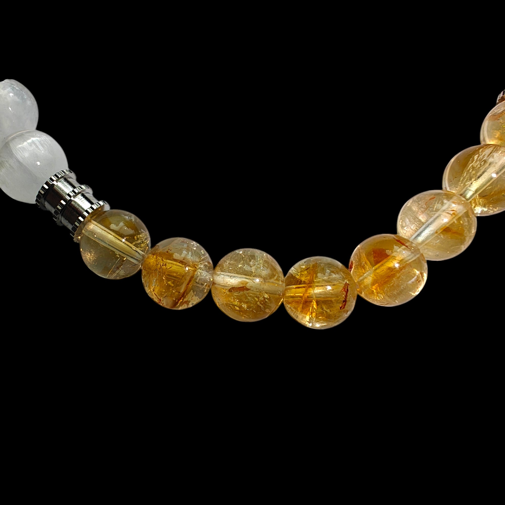 Selenite, Black Tourmaline and Citrine Bracelet with Stainless Steel Spacers 8mm Stretch Crystal Bead Bracelet