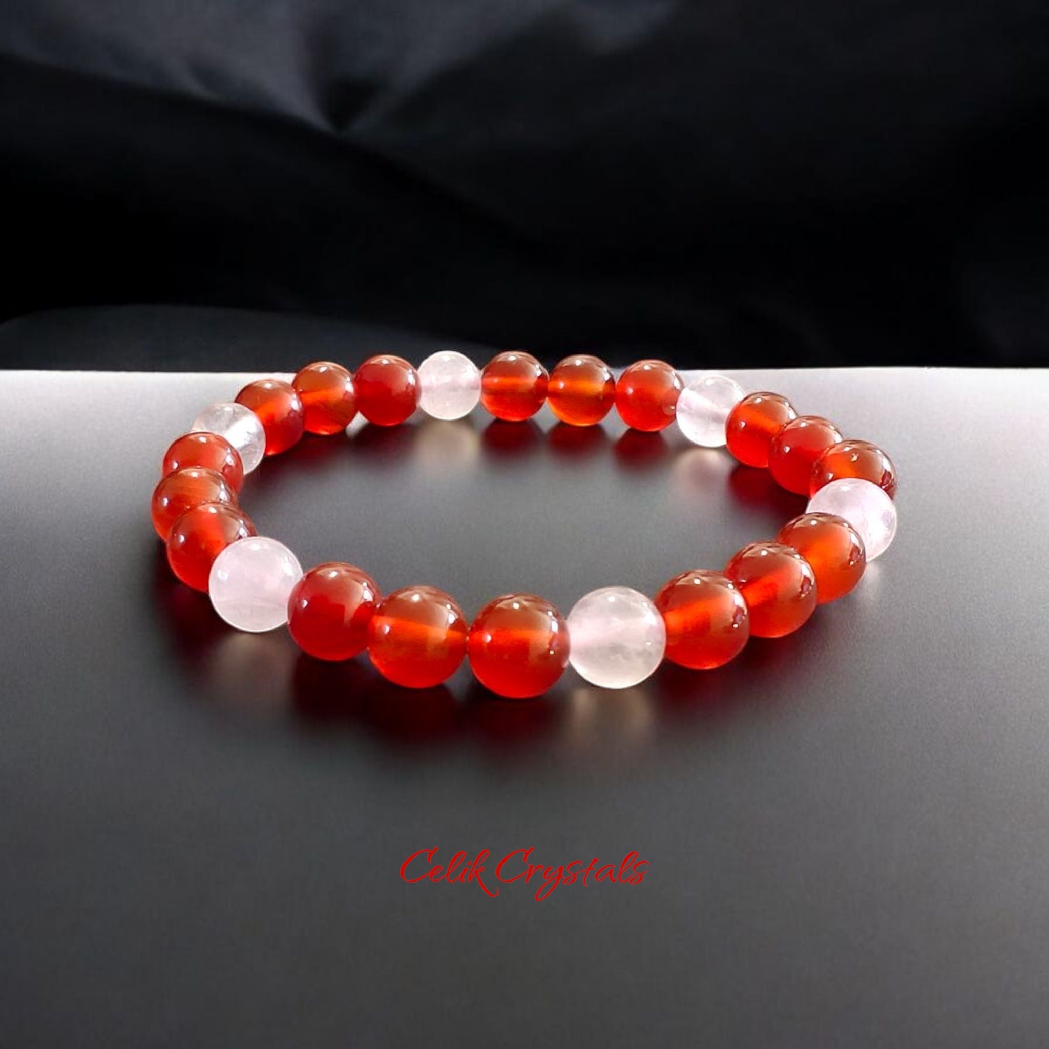 Rose Quartz and Carnelian Bracelet 2 Piece Set Natural Stones 8mm Stretches Women's Bracelet