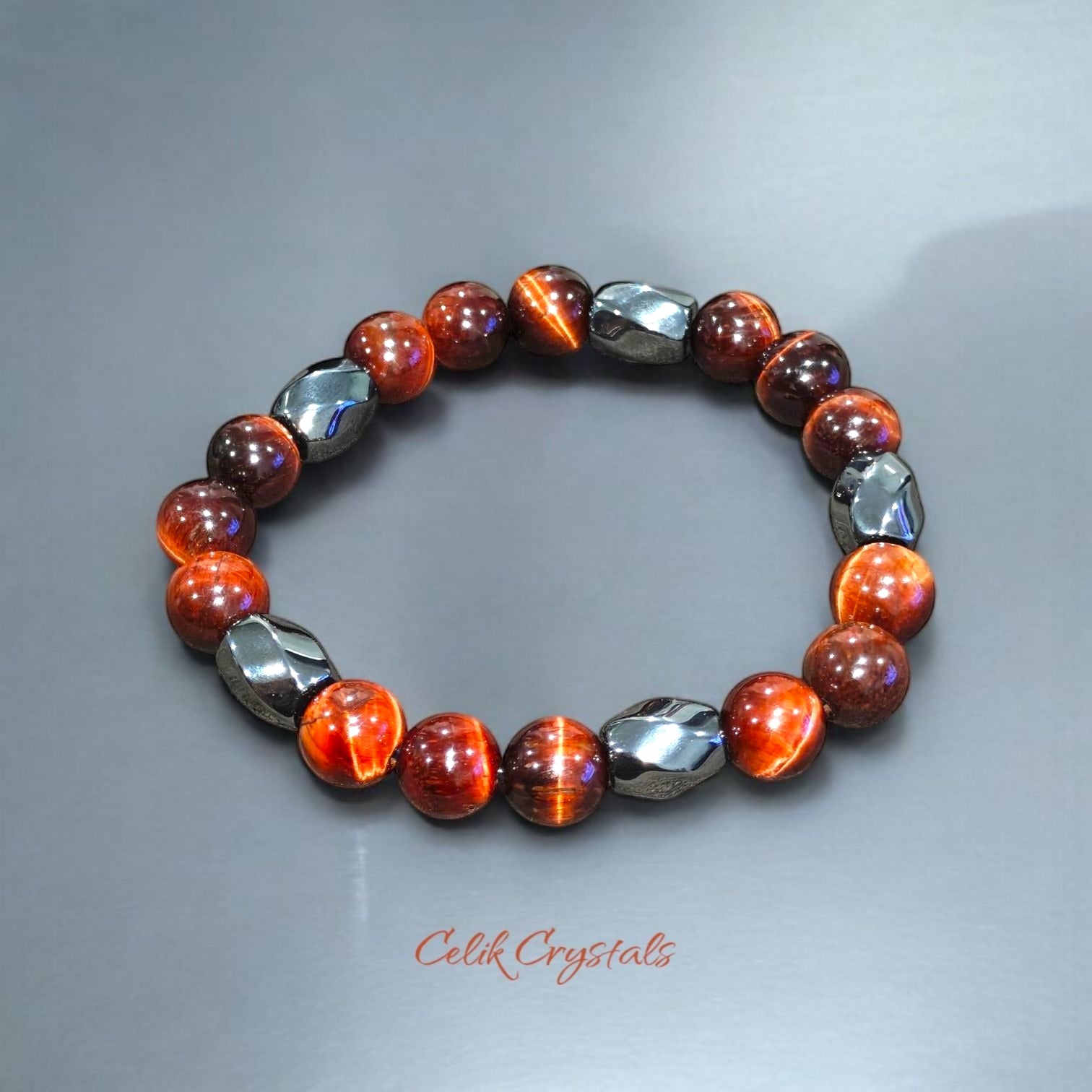Red Tiger Eye Bracelet with Hematite Natural Stones 10mm Unisex Stretch Bead Bracelet