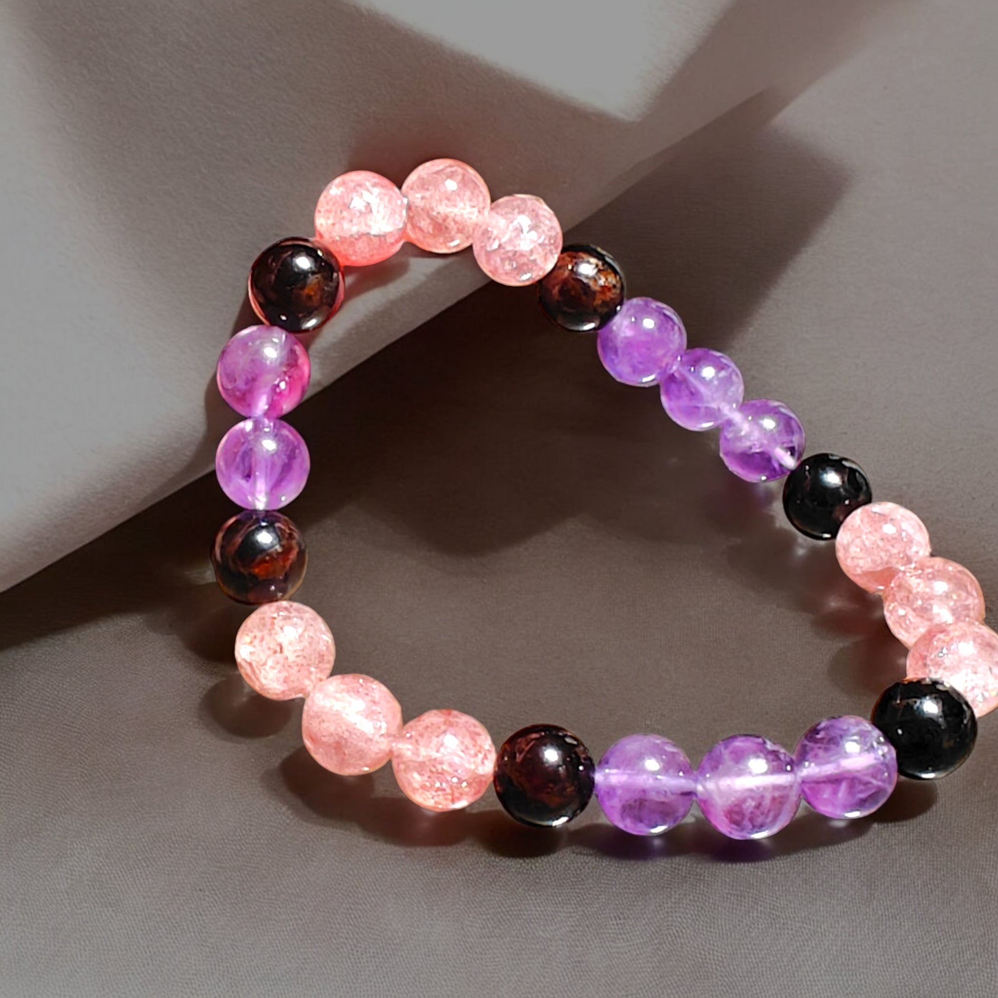 Strawberry Quartz, Amethyst and Garnet Crystal Beads Bracelet 8mm