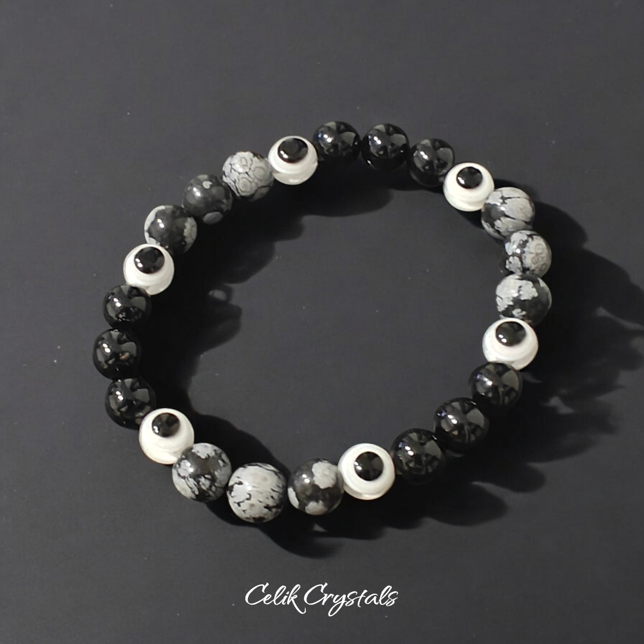 Evil Eye Bracelet with Silver Obsidian and Black Tourmaline 8mm Stretch Bracelet