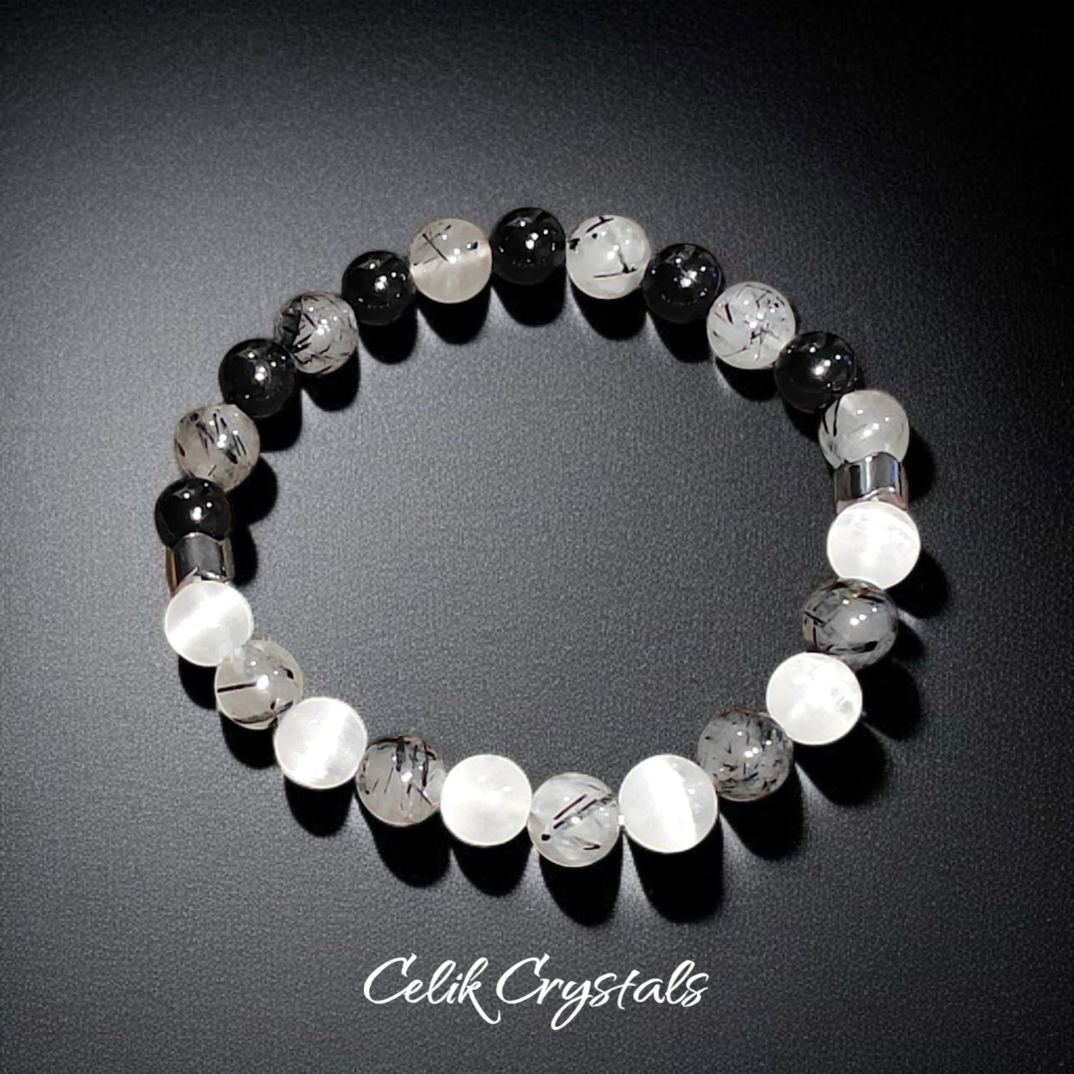 Black Tourmaline Quartz and Selenite Stretch Crystal Bead Bracelet 8mm Unisex