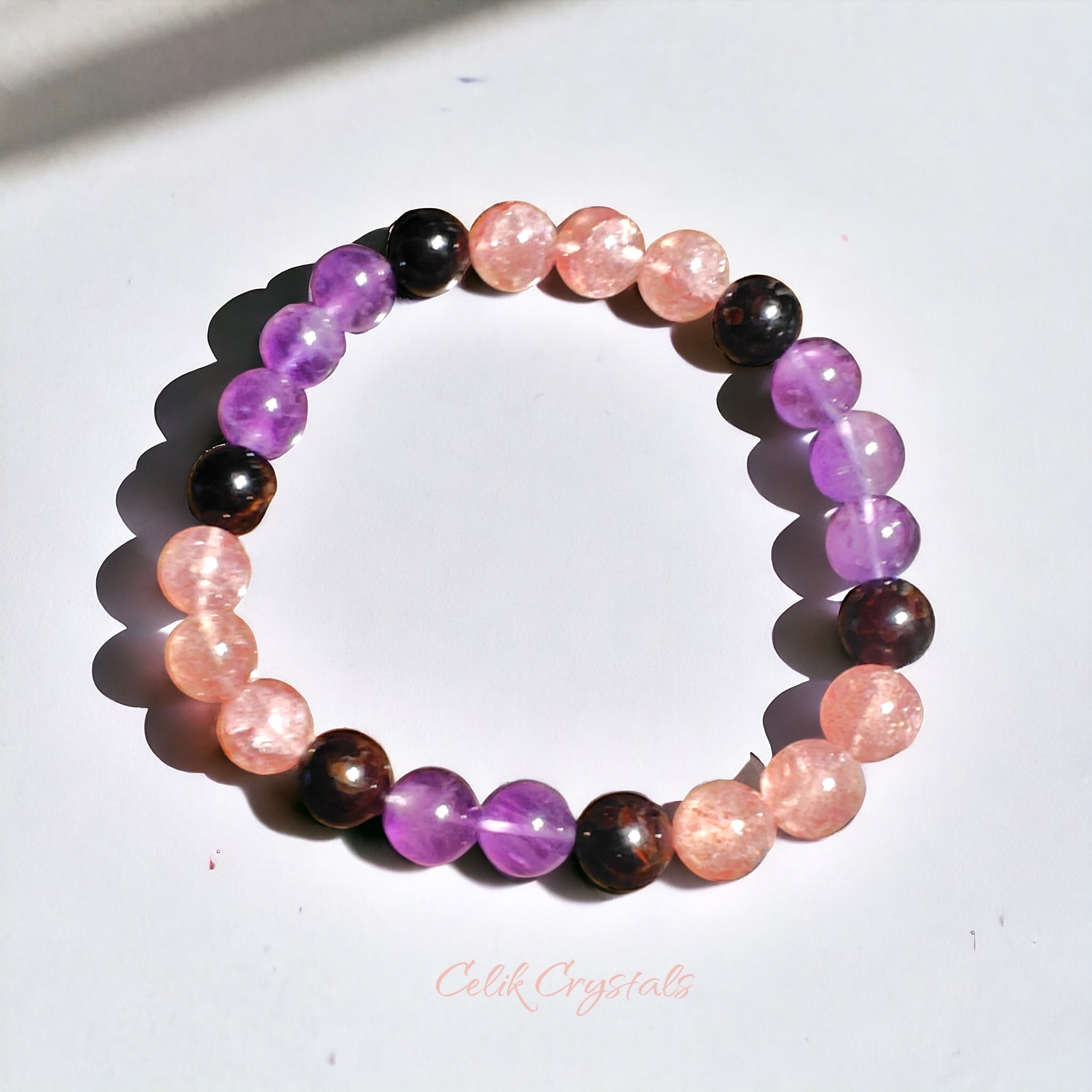 Strawberry Quartz, Amethyst and Garnet Crystal Beads Bracelet 8mm