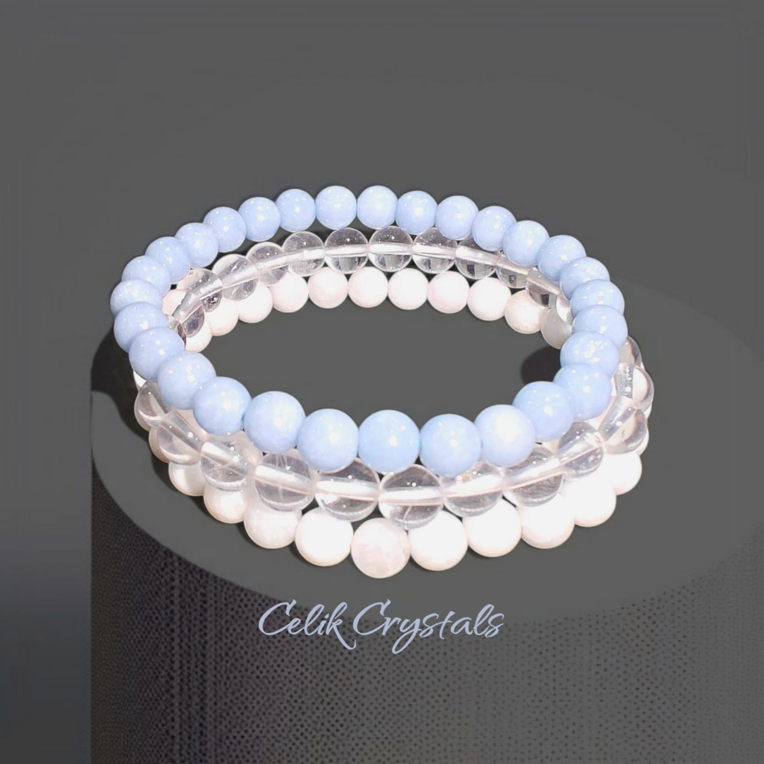 Angelite Moonstone and Clear Quartz Natural Stone Bracelet Stack for Women 6mm