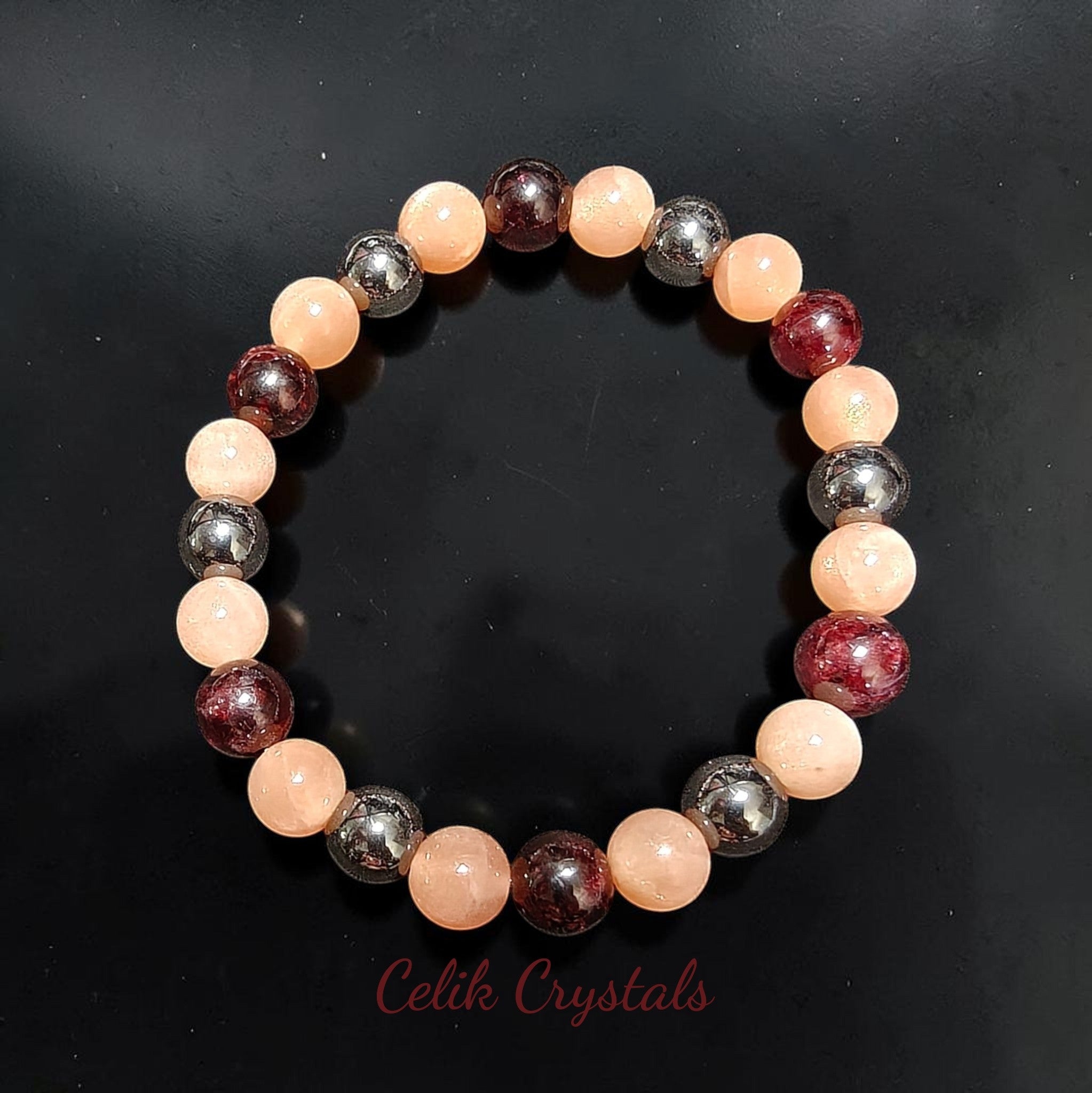 Garnet Peach Moonstone Hematite Bracelet 8mm Unisex