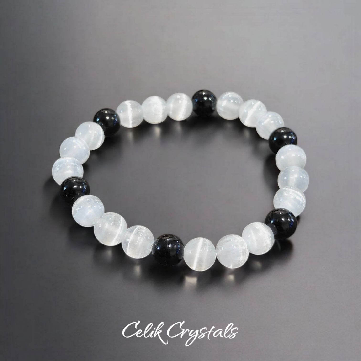 Selenite and Black Tourmaline Bracelet Set 2 Pieces Natural Stones Unisex design Stretches 8mm beads