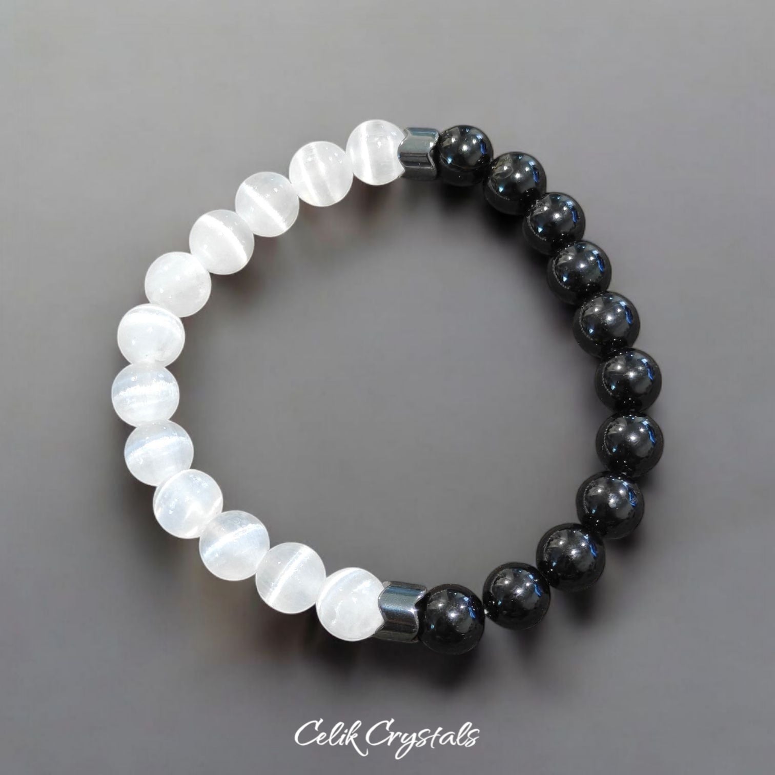 Selenite and Black Tourmaline Bracelet With Hematite spacers 8mm beads natural stones Unisex design Stretches