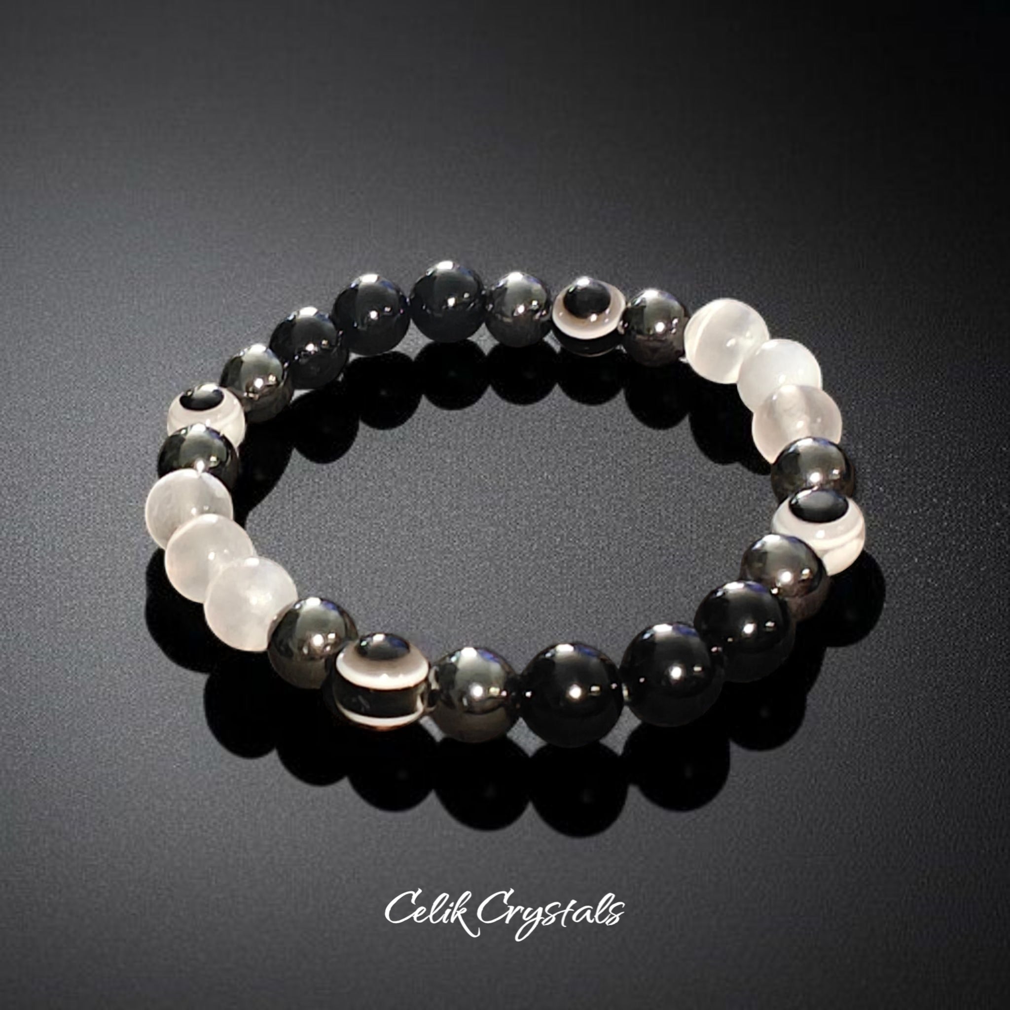 Evil Eye Bracelet with Hematite Black Tourmaline Selenite Natural Stones 8mm or 10mm beads Handmade