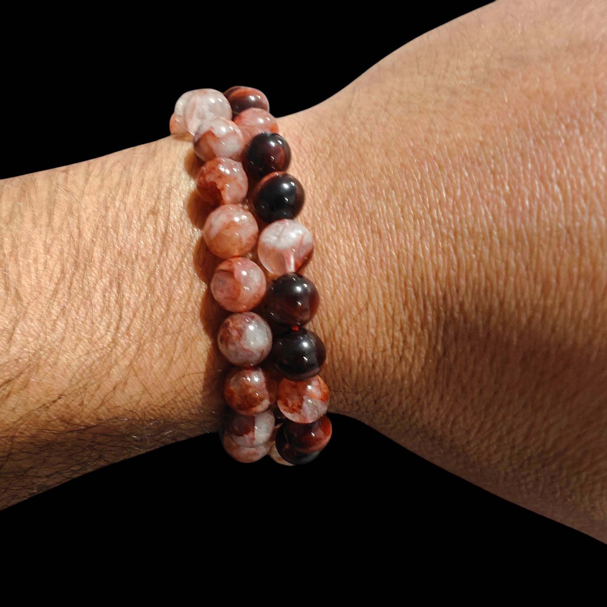 Fire Quartz and Red Tiger Eye Bracelet 2 Piece Set Natural Stones 8mm Stretches Unisex Healing Bracelet Handmade