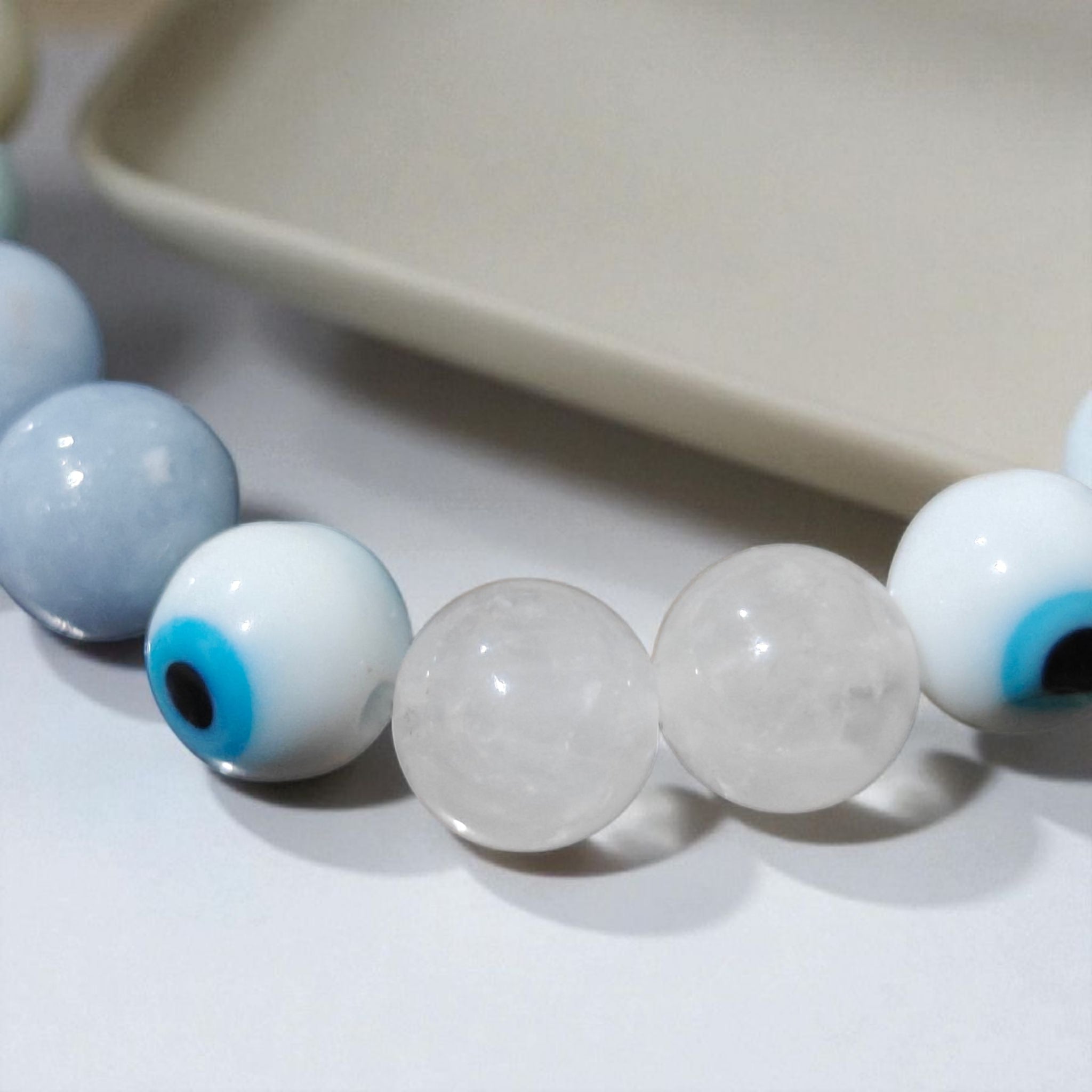 Evil Eye Bracelet - Angelite White Quartz 8mm Unisex