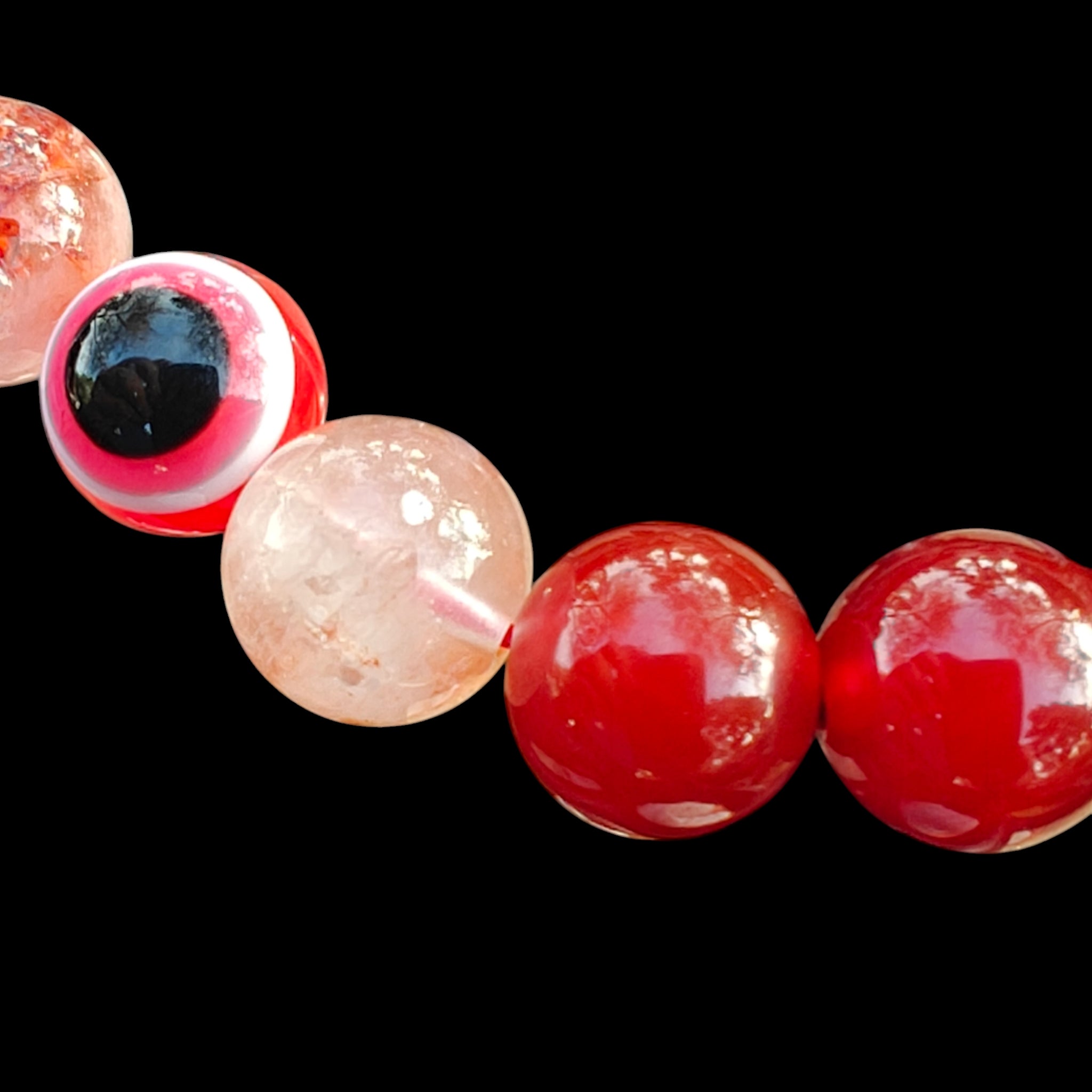 Red Evil Eye Bracelet Handmade 10mm Beads Carnelian and Fire Quartz Stretches