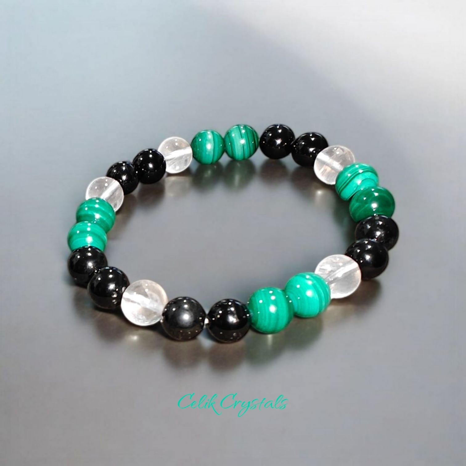 Malachite Bracelet with Black tourmaline and Quartz crystals stretches unisex design