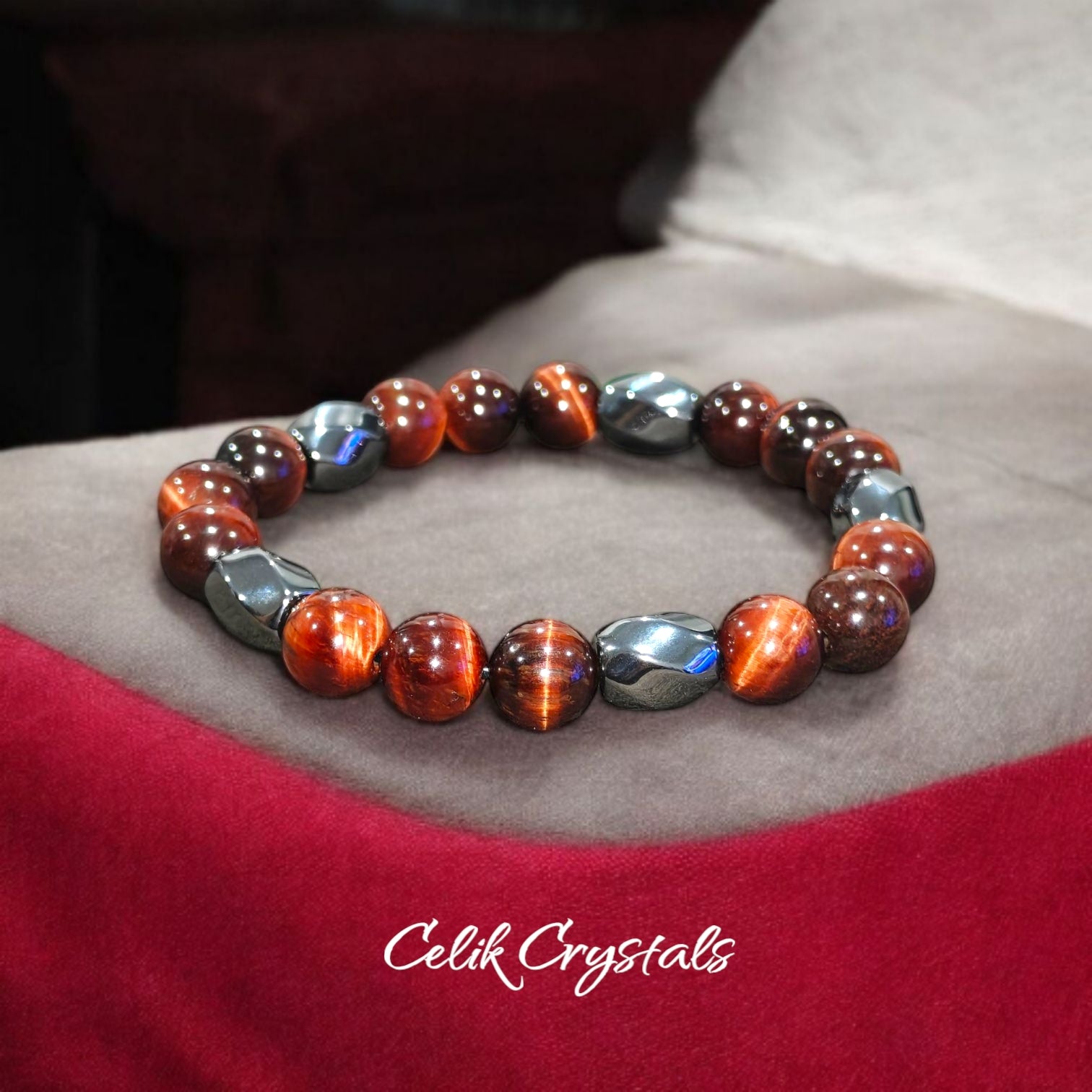 Red Tiger Eye Bracelet with Hematite Natural Stones 10mm Unisex Stretch Bead Bracelet