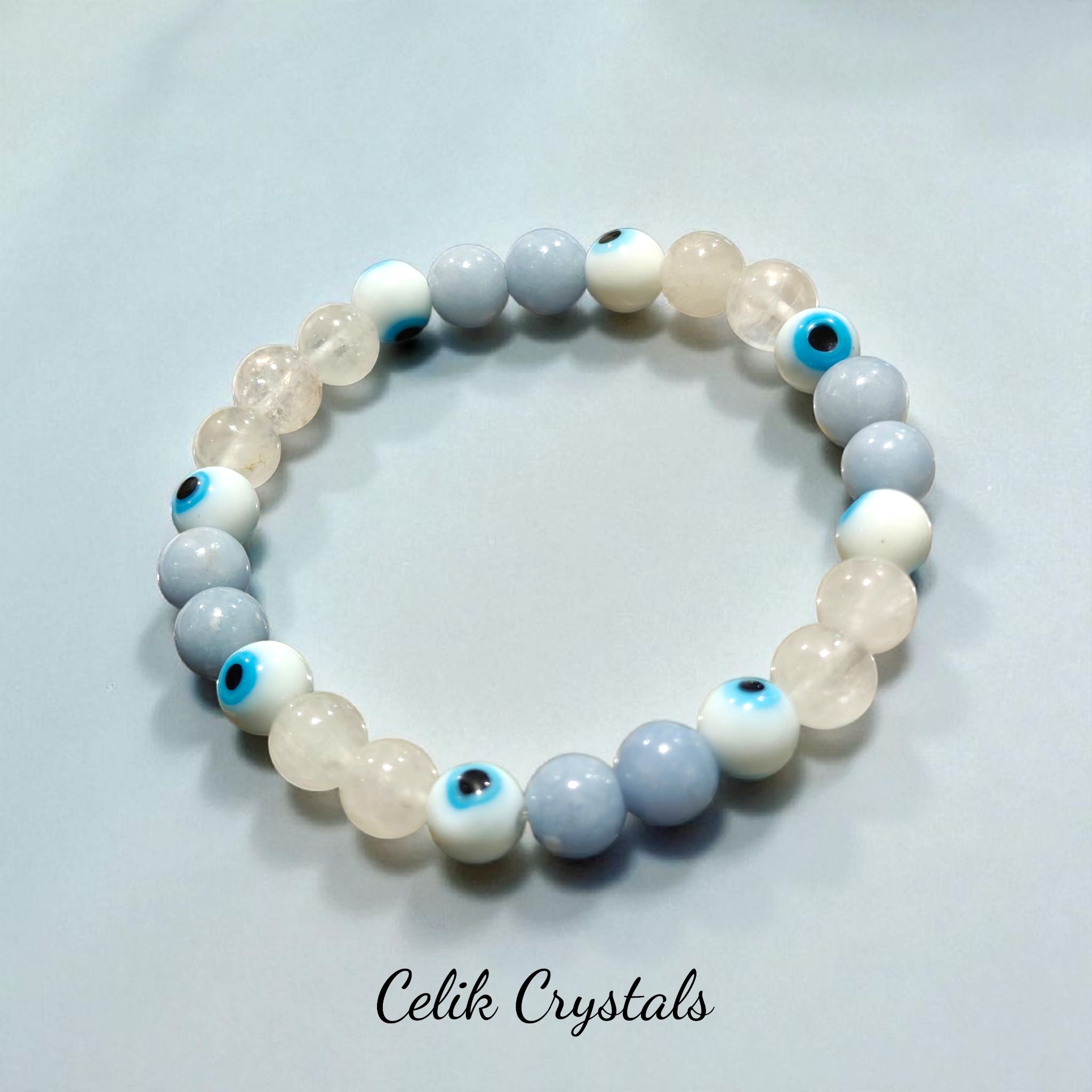 Evil Eye Bracelet - Angelite White Quartz 8mm Unisex