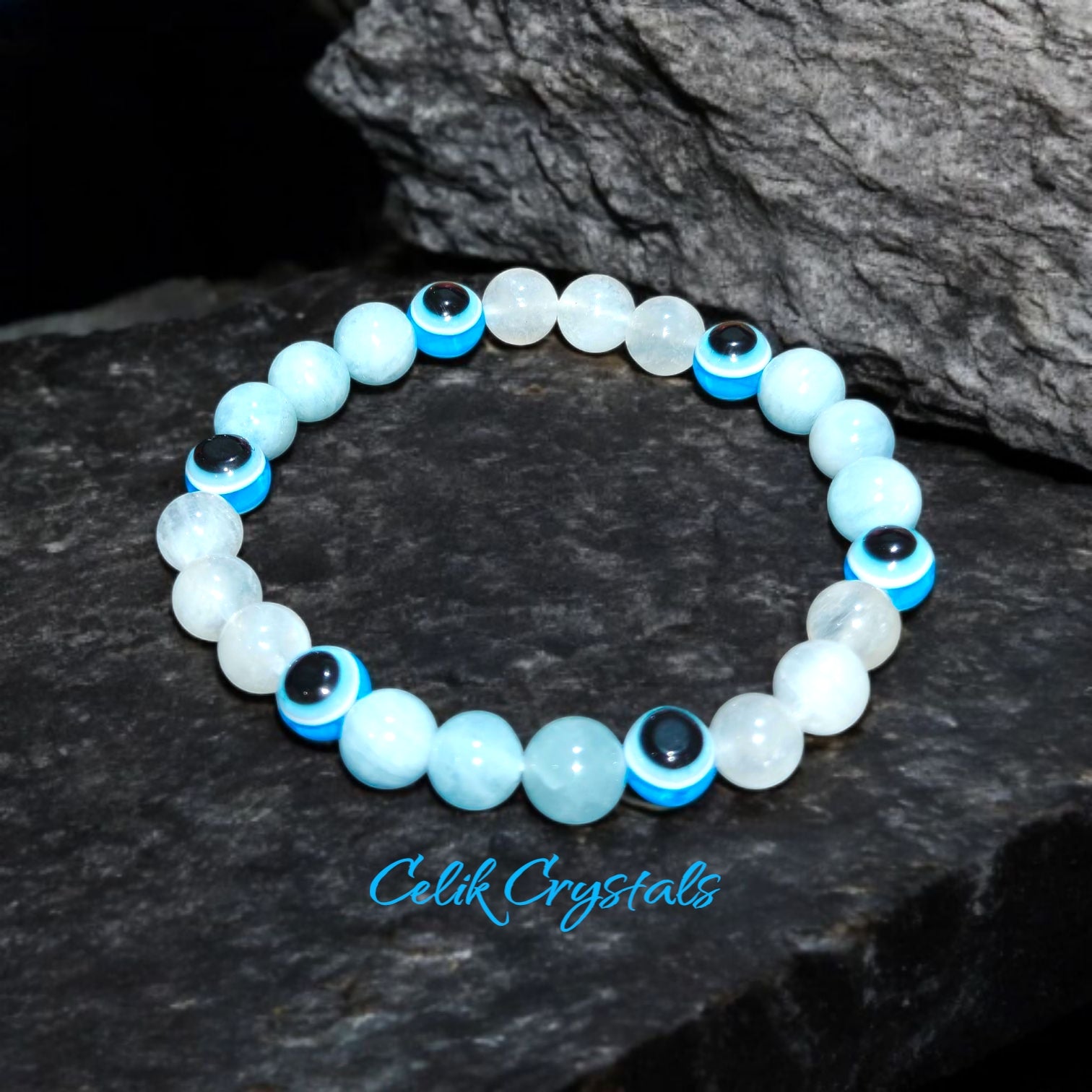 Evil Eye Bracelet with Aquamarine and Moonstone 8mm Natural Stones Stretches Unisex
