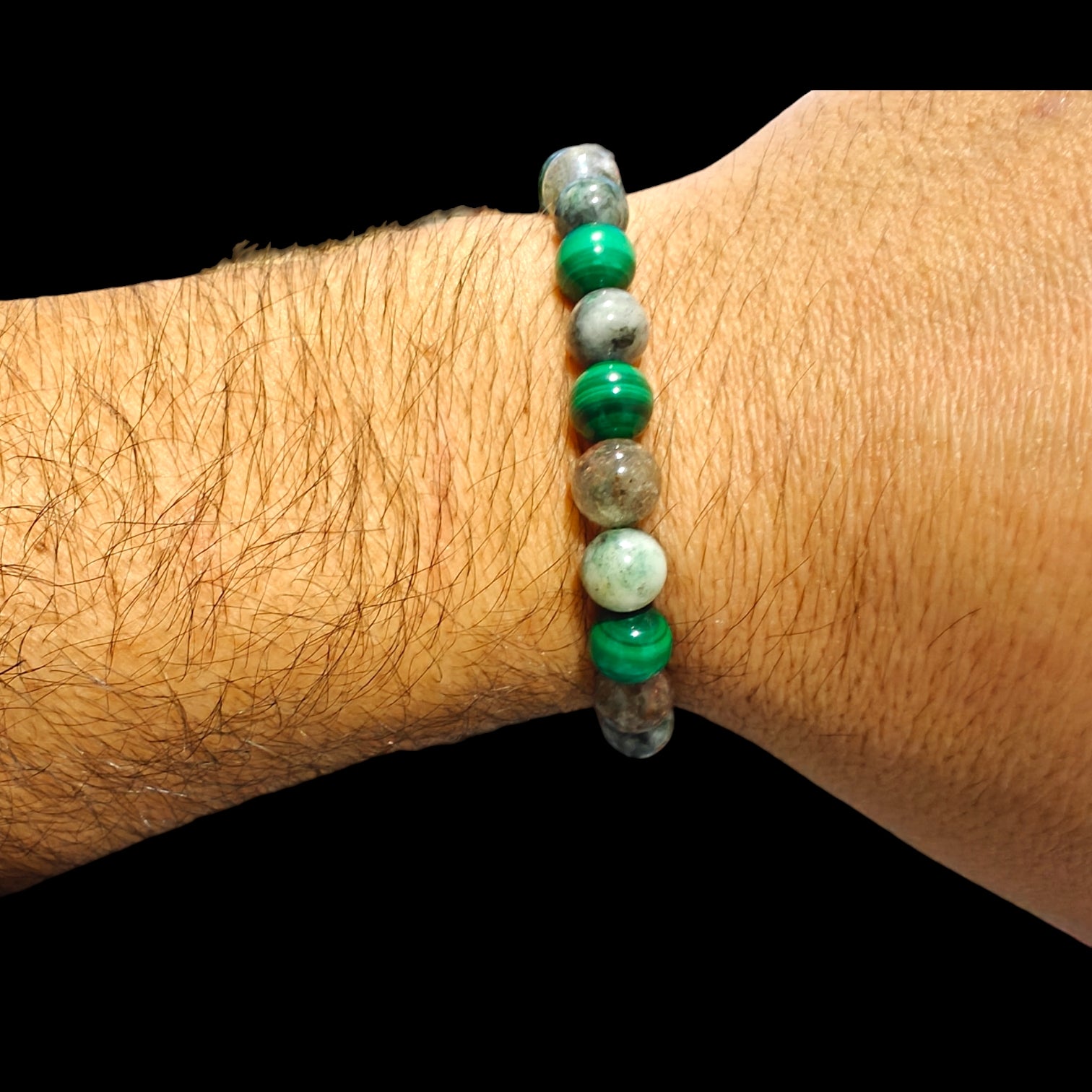 Malachite Bracelet with Green Pyrite and Garden Quartz 8mm Unisex Natural Stones Handmade Stretch Bead Bracelet